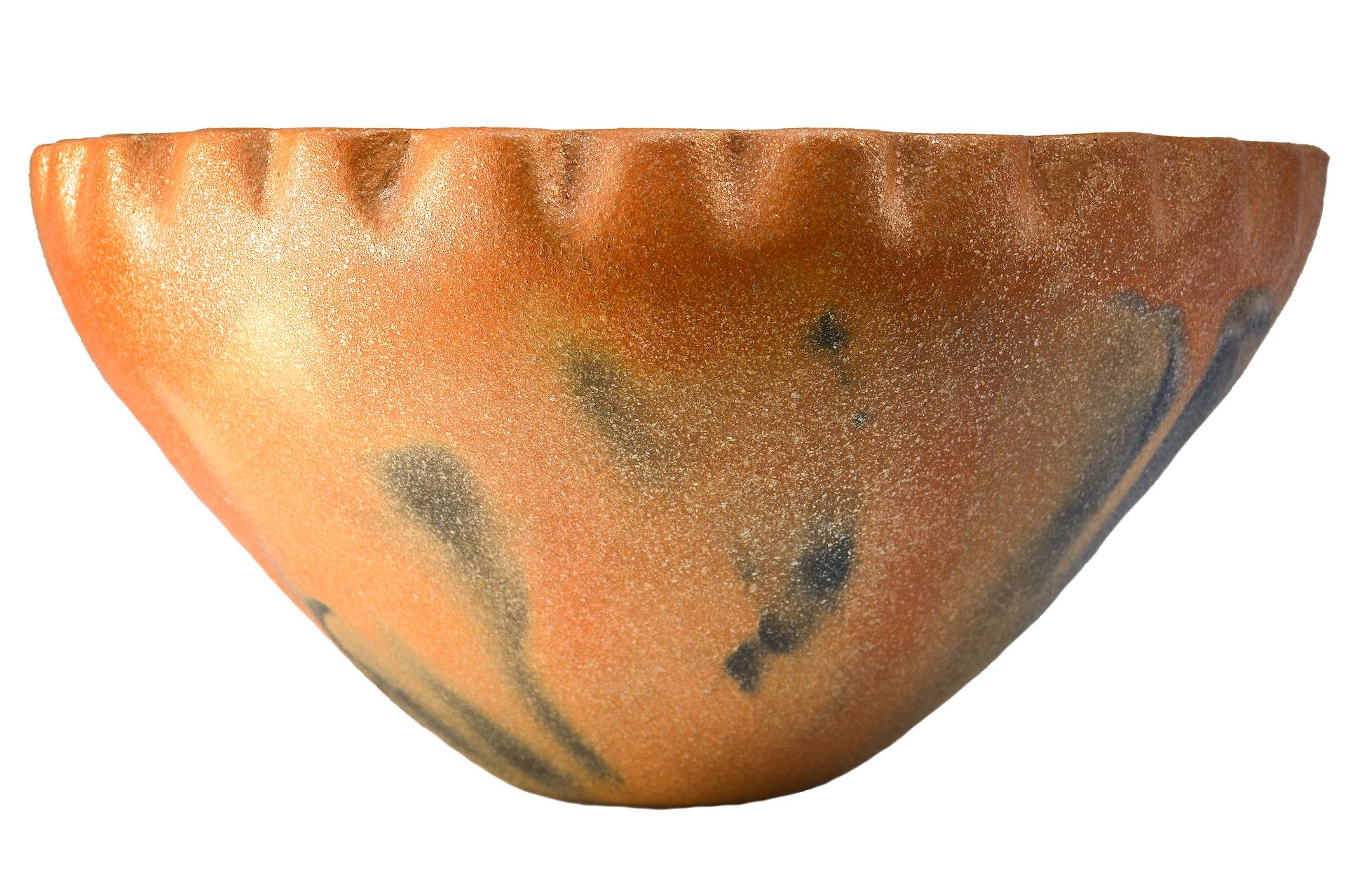 Hand-Crafted Large Golden Micaceous Pottery Bowl with Fire Clouds by Lonnie Vigil For Sale