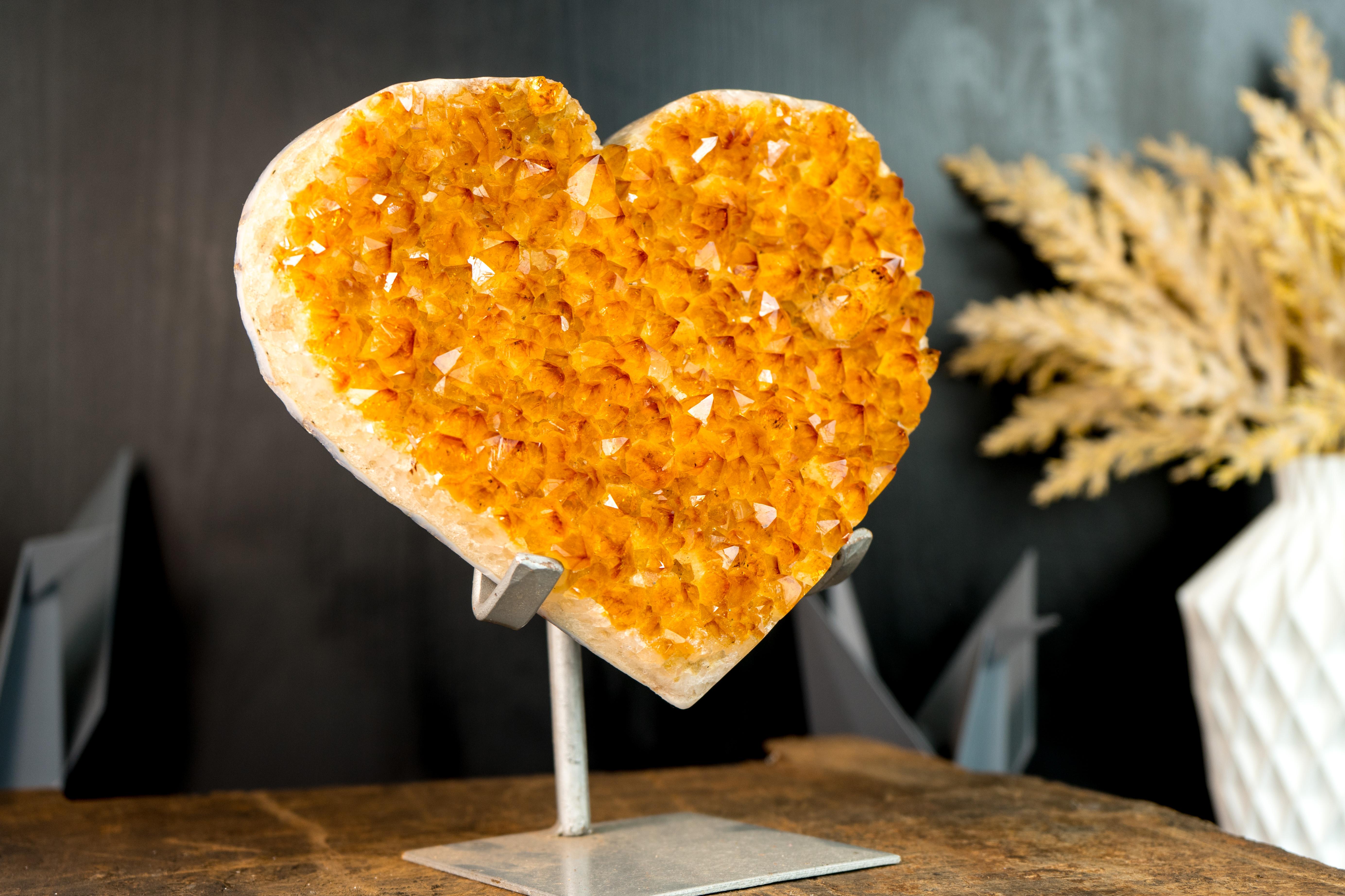 Large Golden Orange Citrine Heart with Sparkly Extra-Grade Citrine Druzy For Sale 4