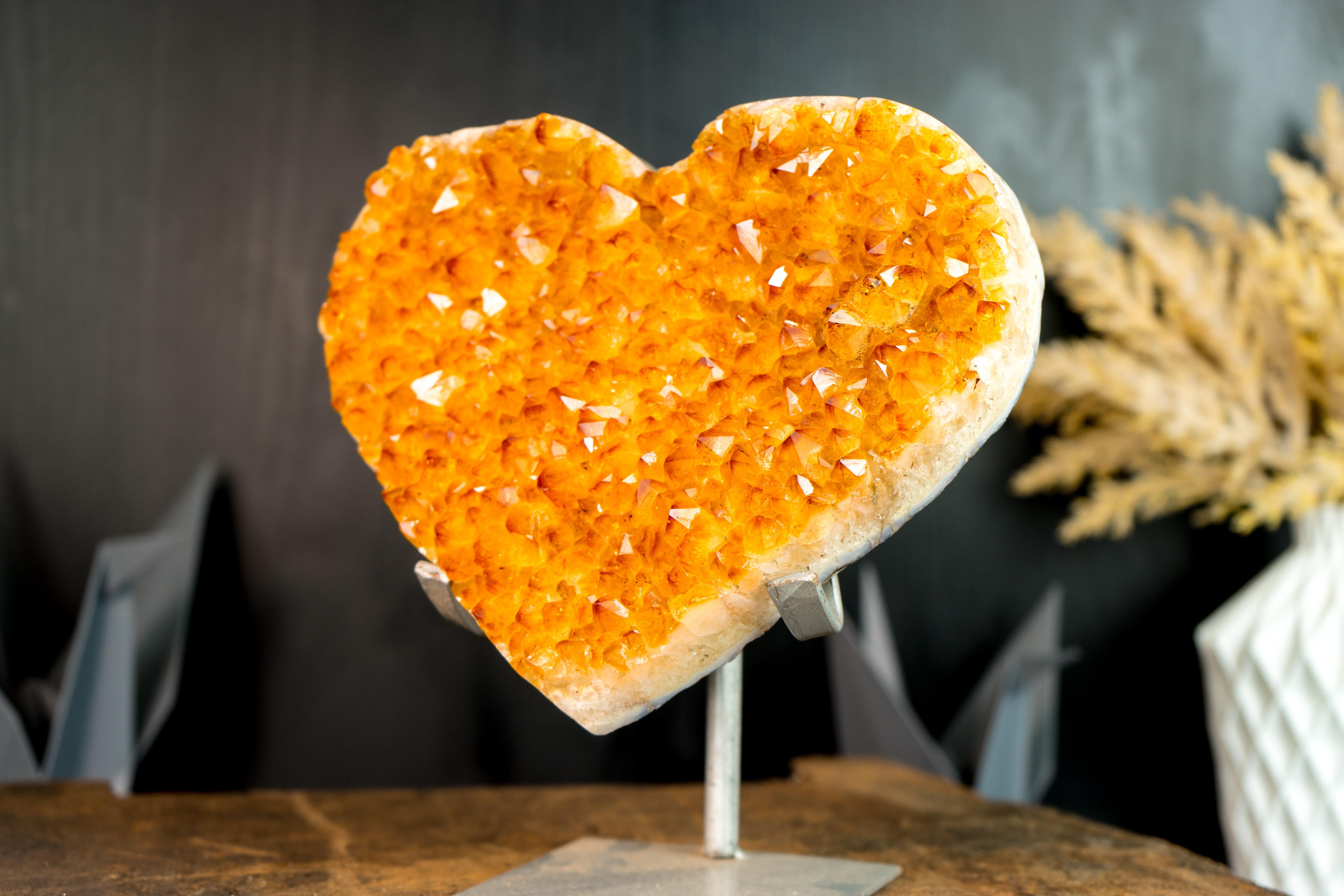 Brazilian Large Golden Orange Citrine Heart with Sparkly Extra-Grade Citrine Druzy For Sale