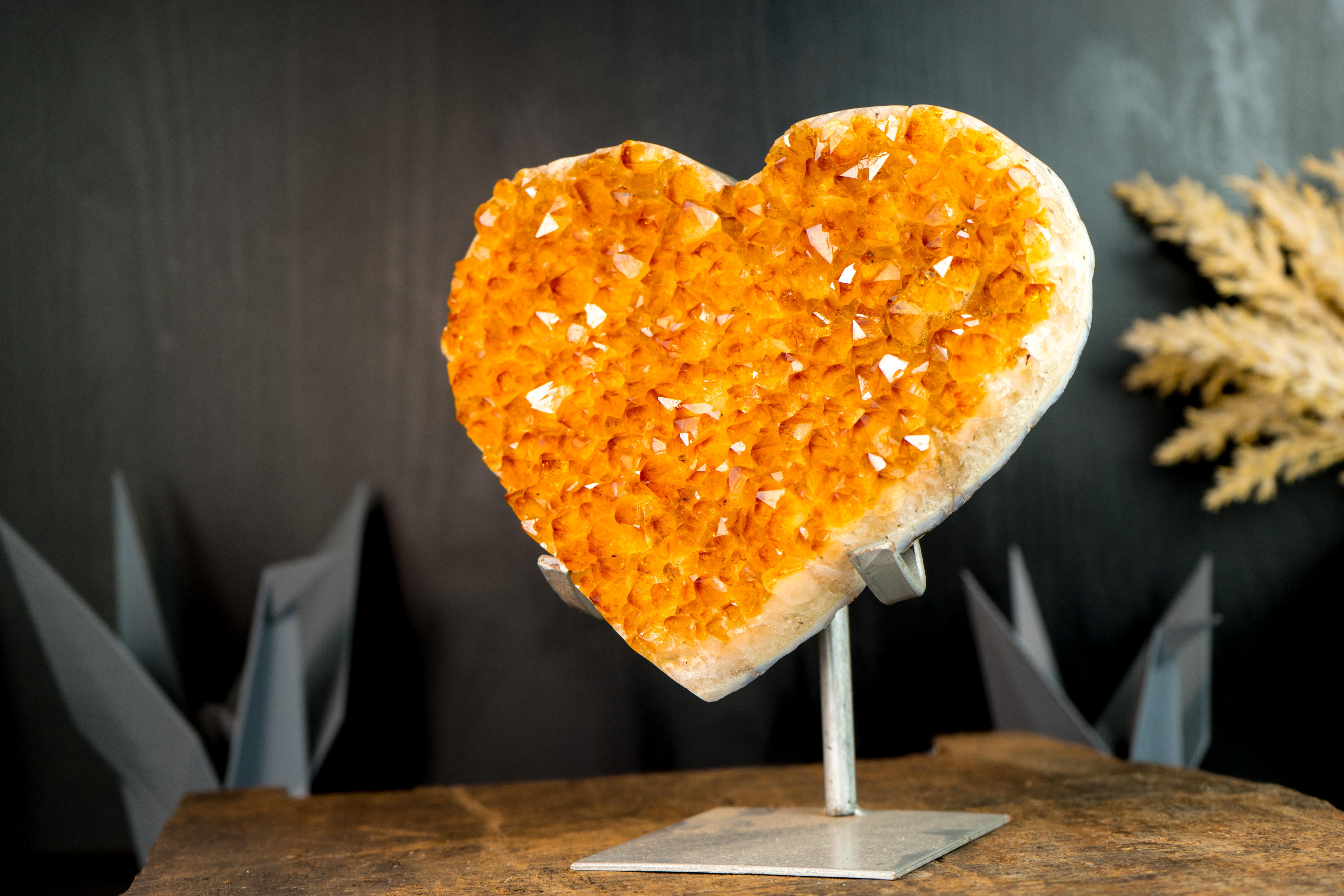 Contemporary Large Golden Orange Citrine Heart with Sparkly Extra-Grade Citrine Druzy For Sale