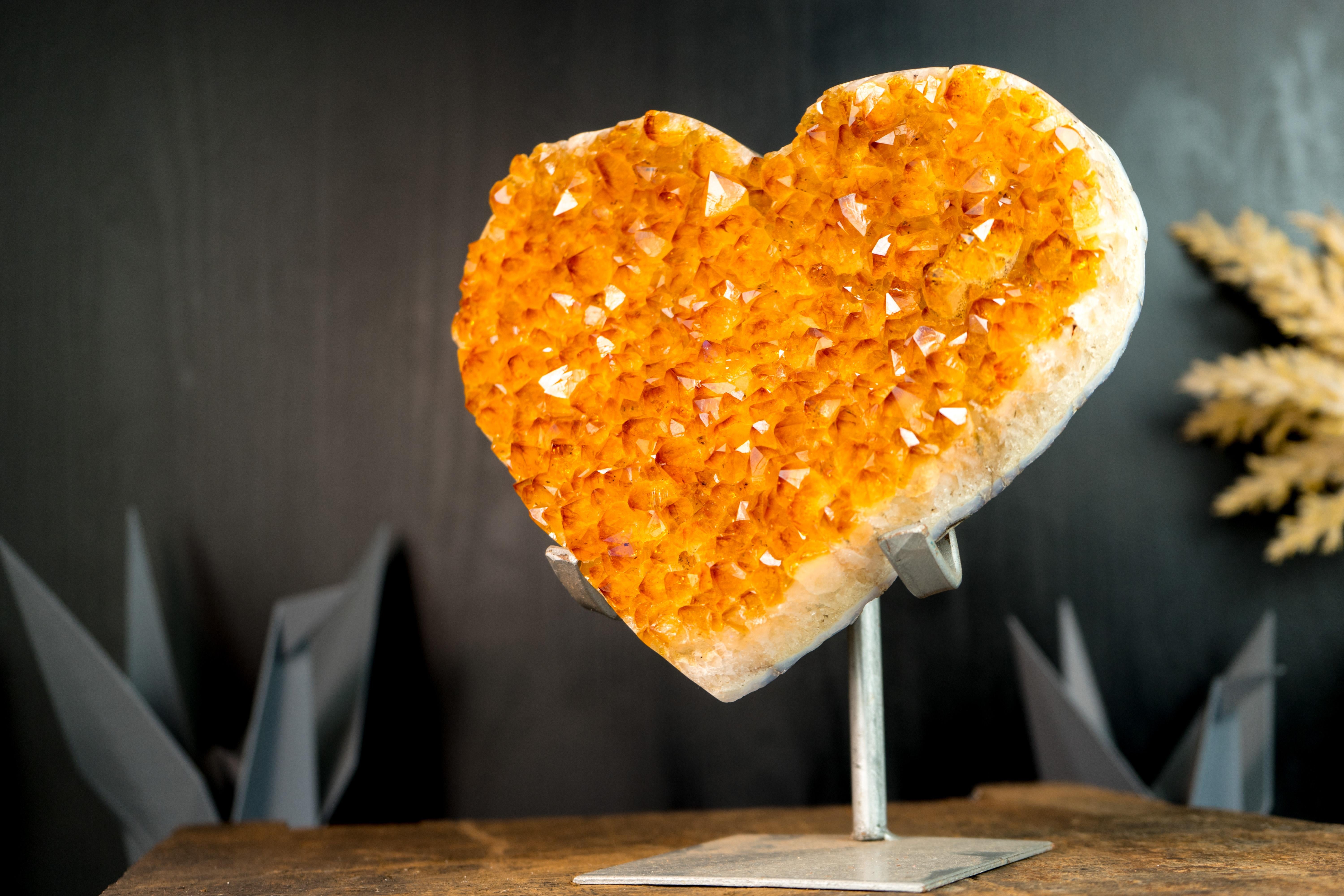 Agate Large Golden Orange Citrine Heart with Sparkly Extra-Grade Citrine Druzy For Sale