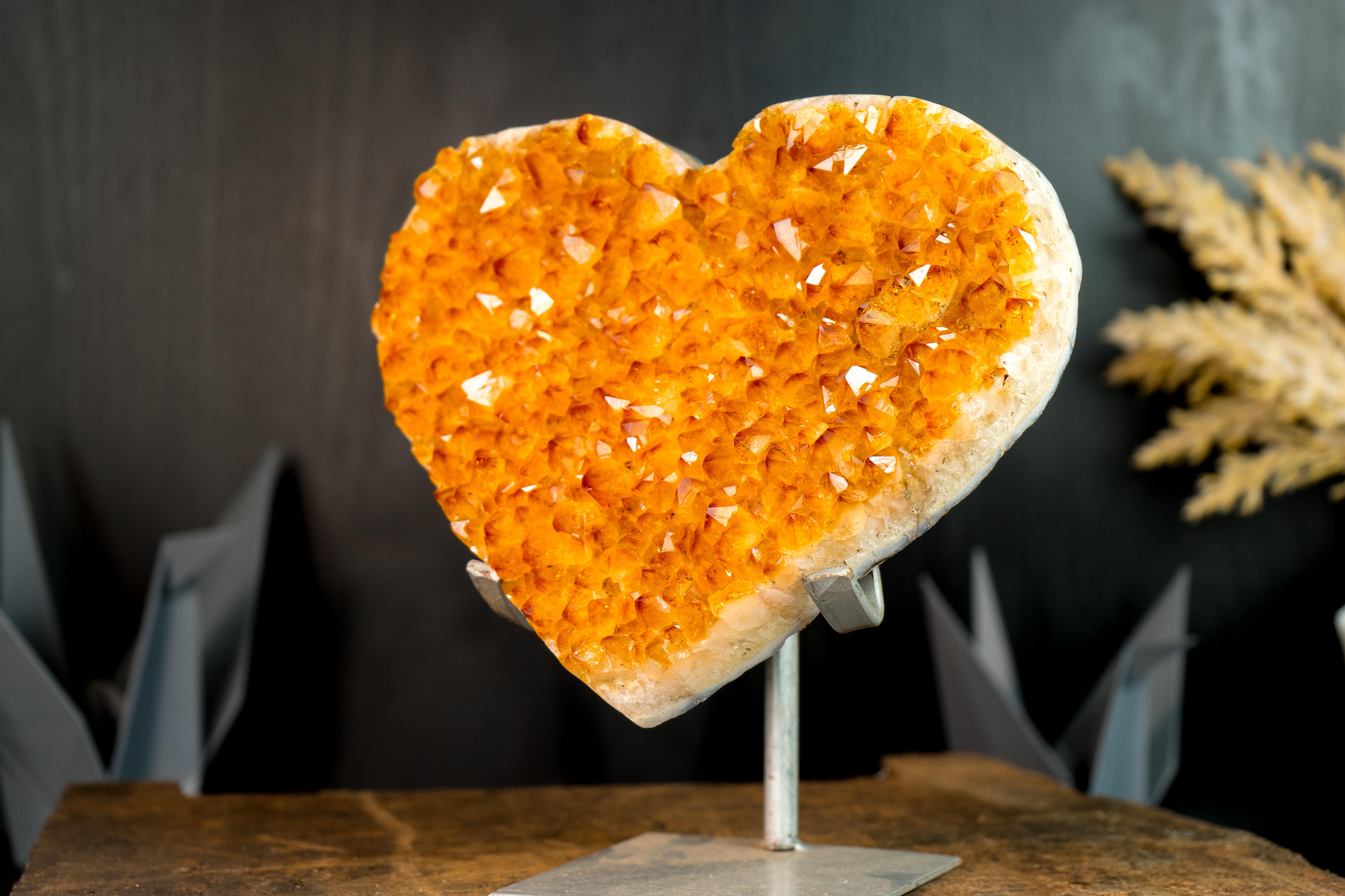 Large Golden Orange Citrine Heart with Sparkly Extra-Grade Citrine Druzy For Sale 1