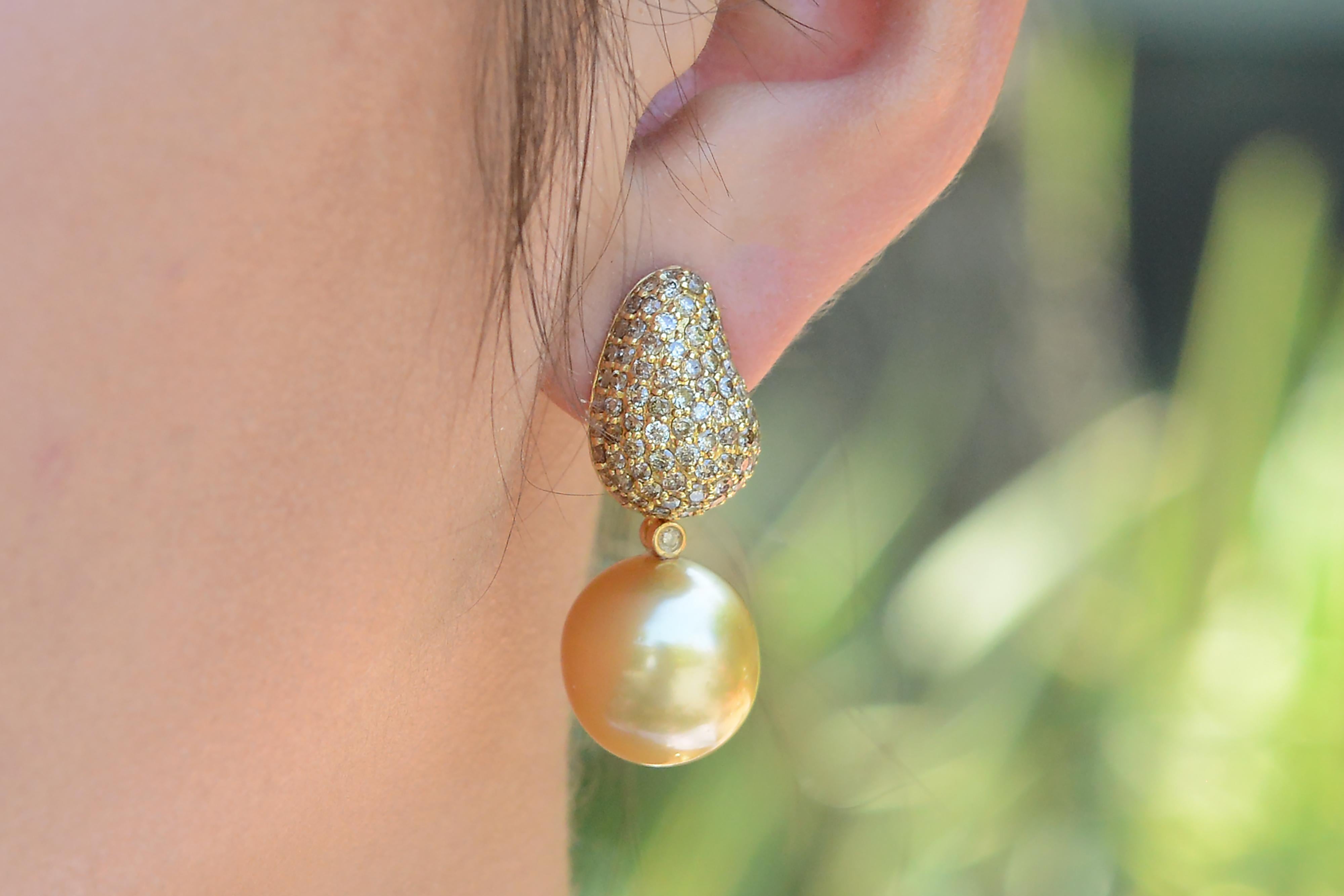 Contemporary Large Golden South Sea Pearl Diamond Dangle Earrings