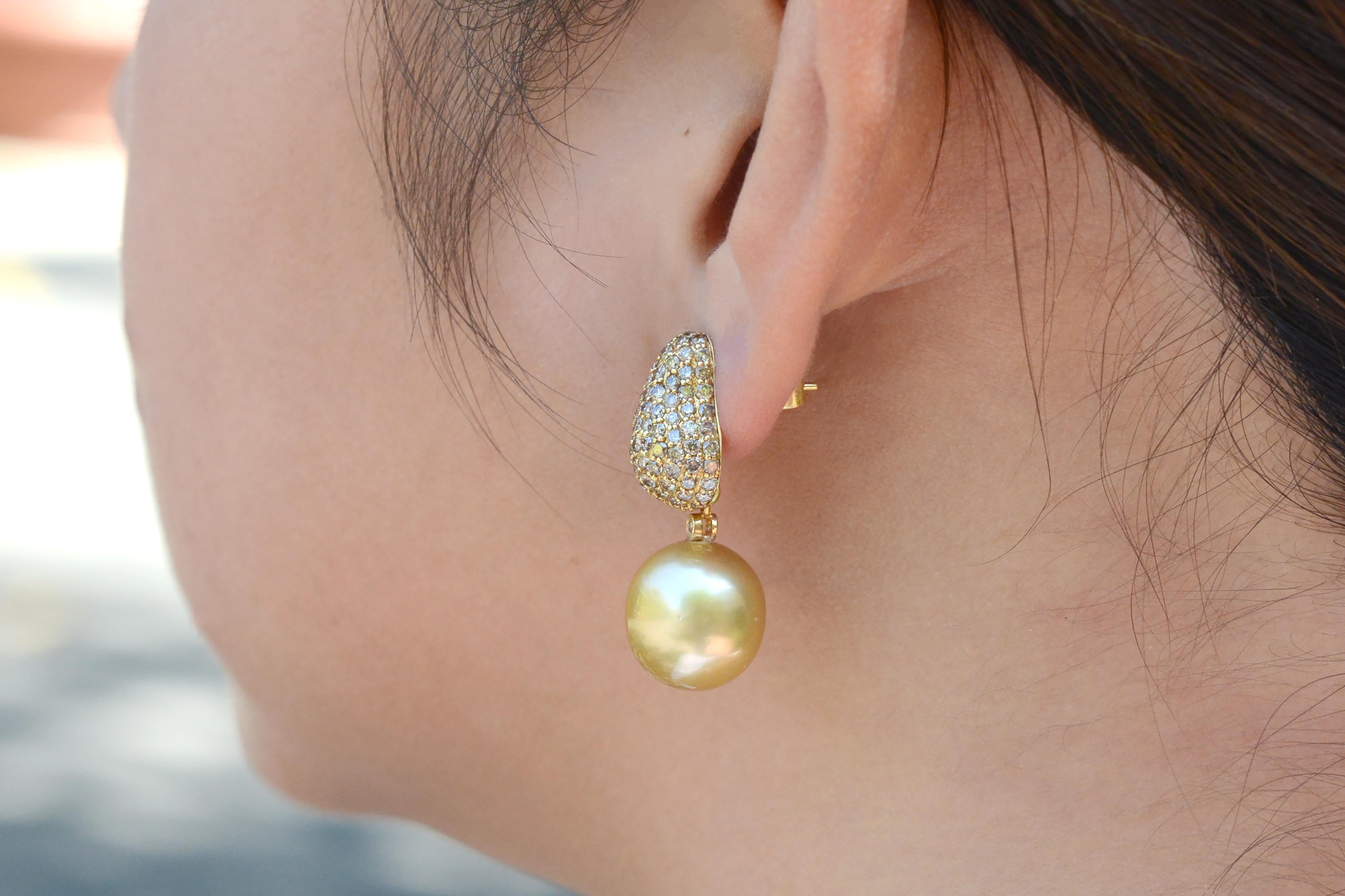 Round Cut Large Golden South Sea Pearl Diamond Dangle Earrings