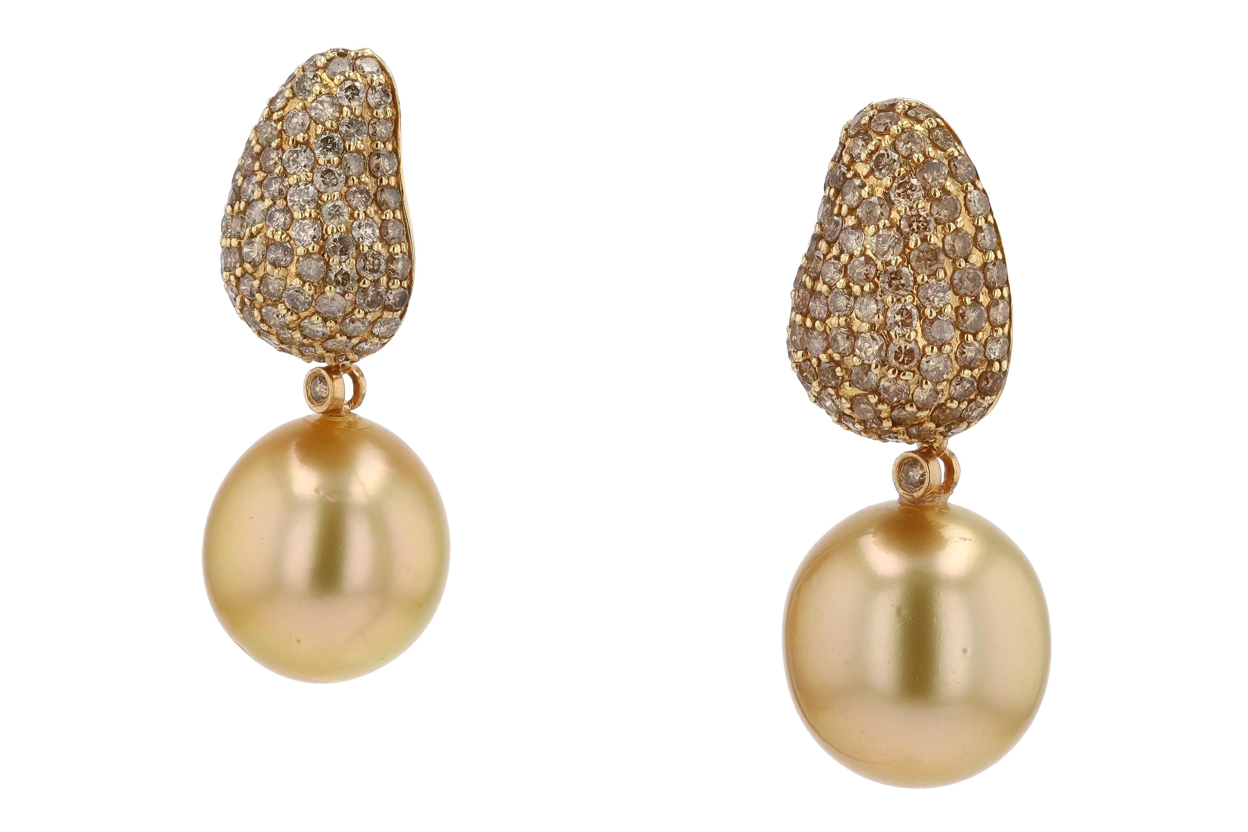 Large Golden South Sea Pearl Diamond Dangle Earrings In Excellent Condition In Santa Barbara, CA