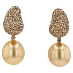 Large Golden South Sea Pearl Diamond Dangle Earrings