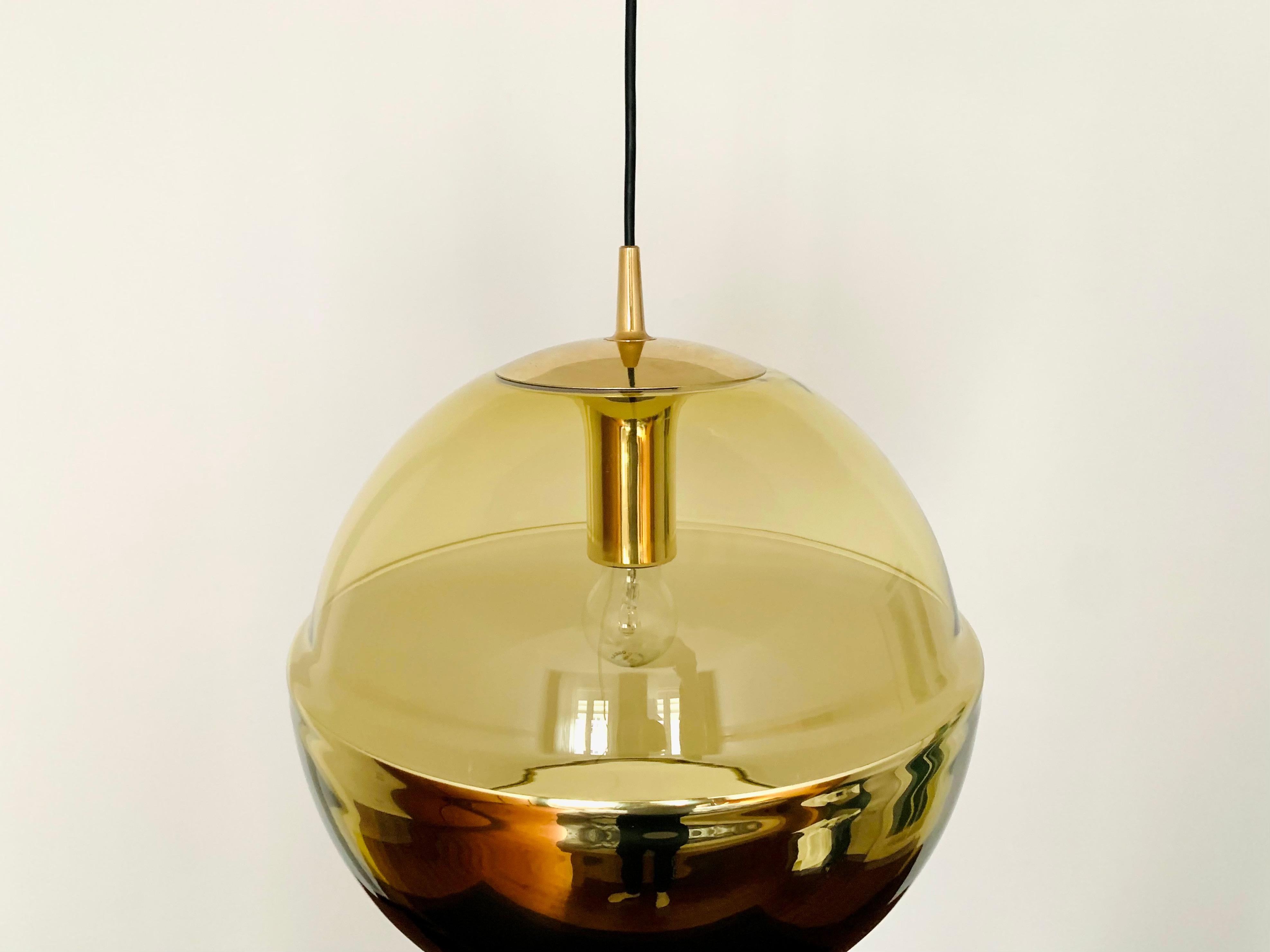 Metal Large Golden Space Age Glass Pendant Lamp by Peill and Putzler For Sale