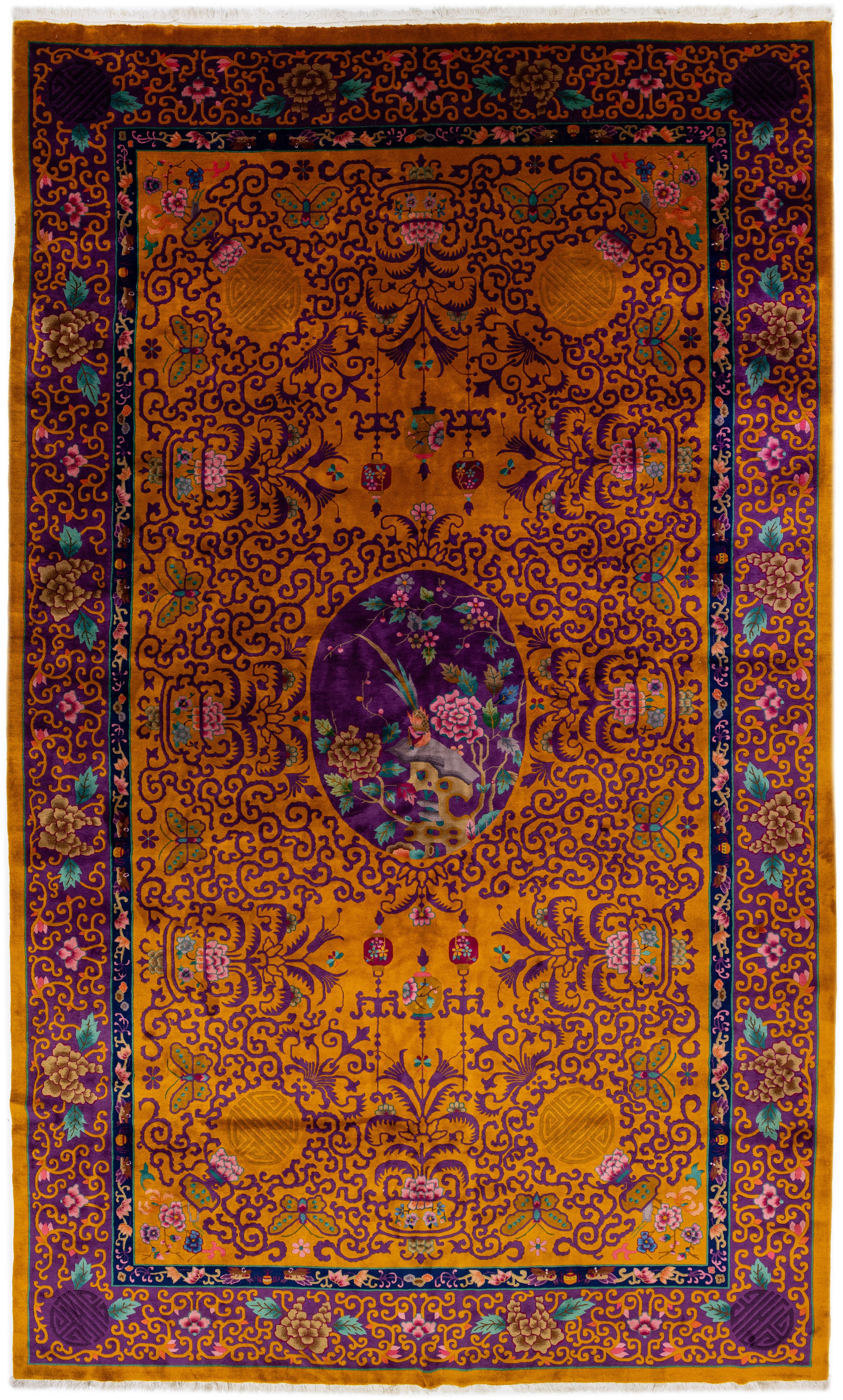 Grand tapis en laine Art Déco chinois ancien Goldenrod