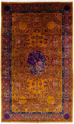 Grand tapis en laine Art Déco chinois ancien Goldenrod