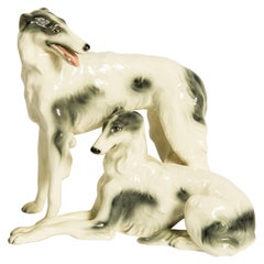 Large Goldscheider Borzoi Russian Wolfhounds Dogs One Standing and Other Laying