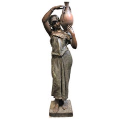 Large Goldscheider Patinated Terracotta Sculpture of a Woman Carrying Water