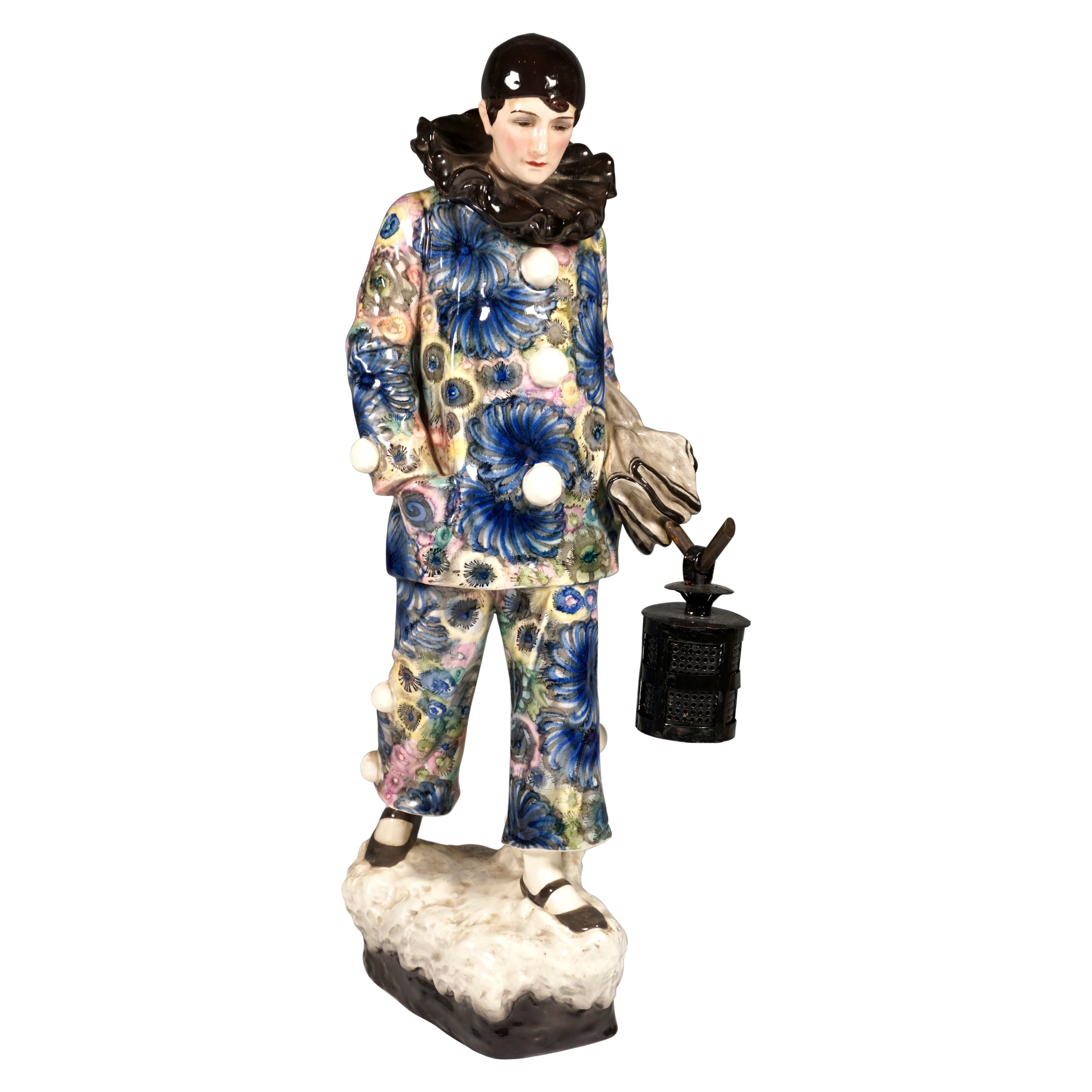 Large Goldscheider Vienna Art-déco Harlequin Figurine by B. Haniroff, ca 1920