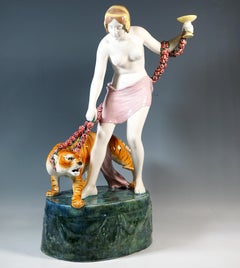 Large Goldscheider Vienna Art Nouveau Figure, Bacchante With Tiger, by Rosé 1922
