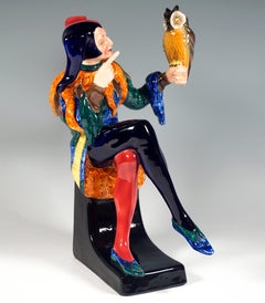 Large Goldscheider Vienna Figure Owlglass Jester With Owl By J. Lorenzl, Ca 1925