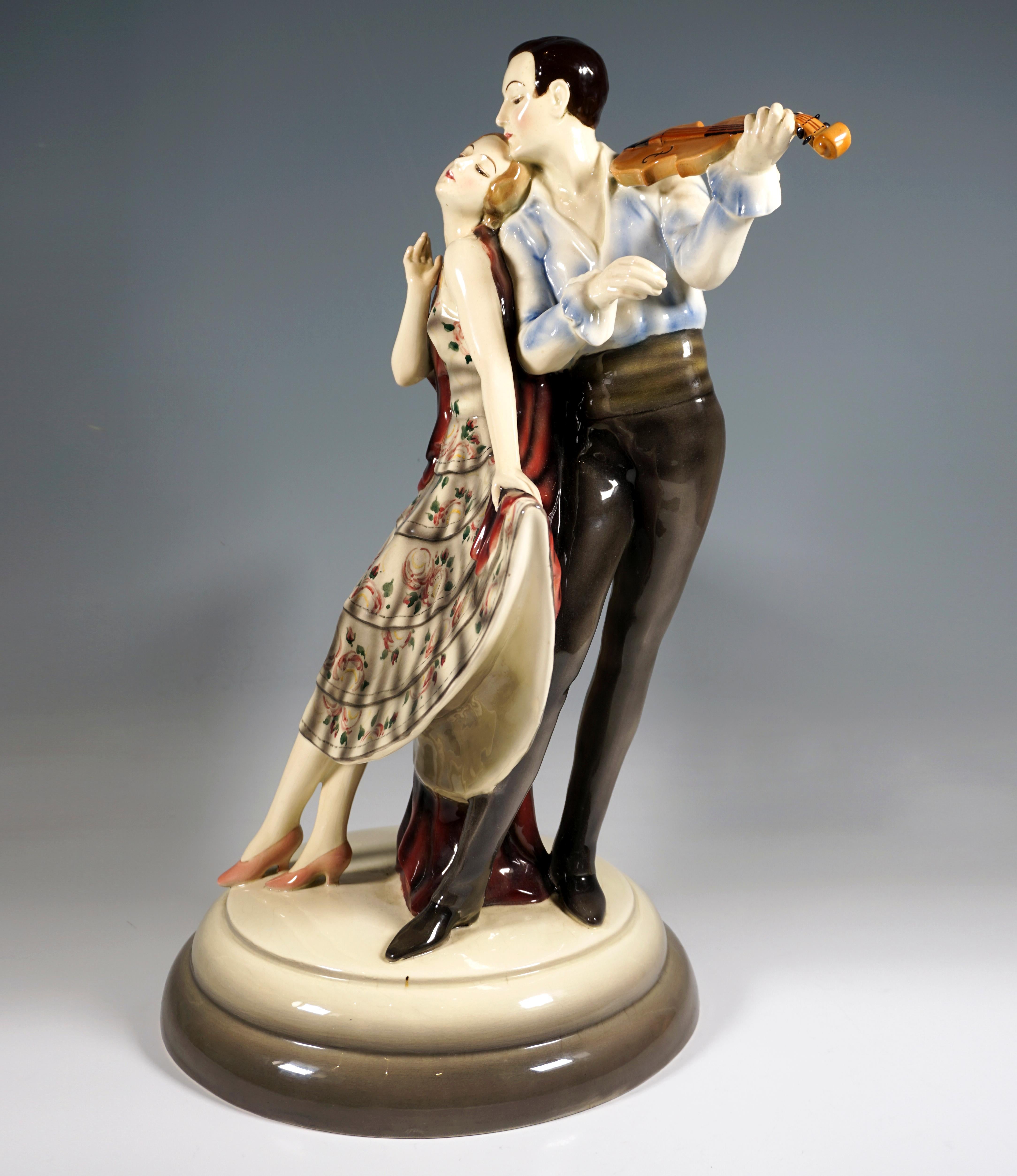 Hand-Crafted Large Goldscheider Vienna Group, Dancer With Violinist, by Josef Lorenzl, c 1930 For Sale