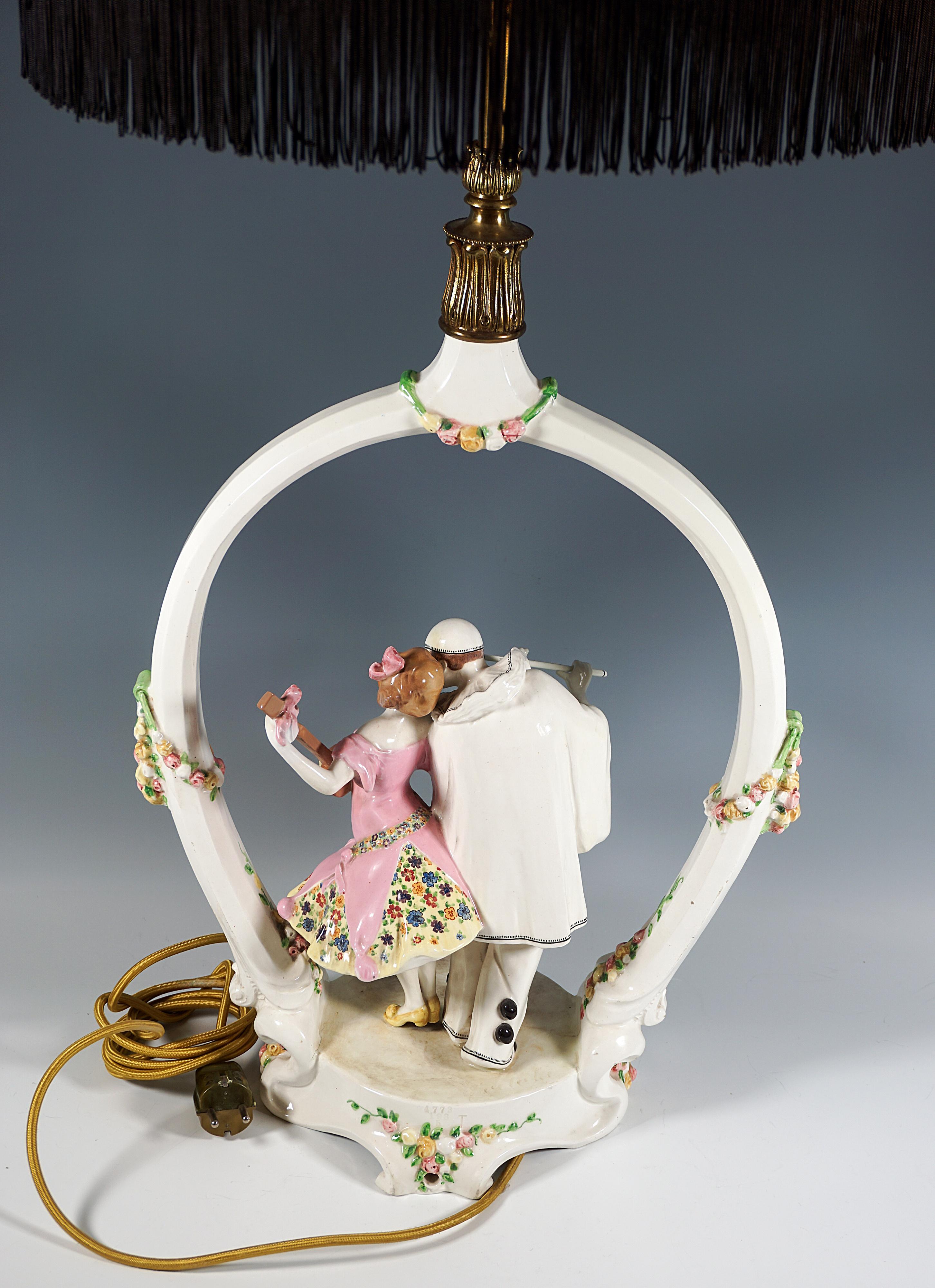 Hand-Painted Large Goldscheider Vienna Table Lamp 'Pierrot & Pierrette', by Padola, ca. 1915