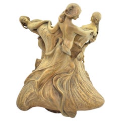 Large Goldsheider E. Tell Signed Jardiniere with Semi-Nude Women Holding Hands