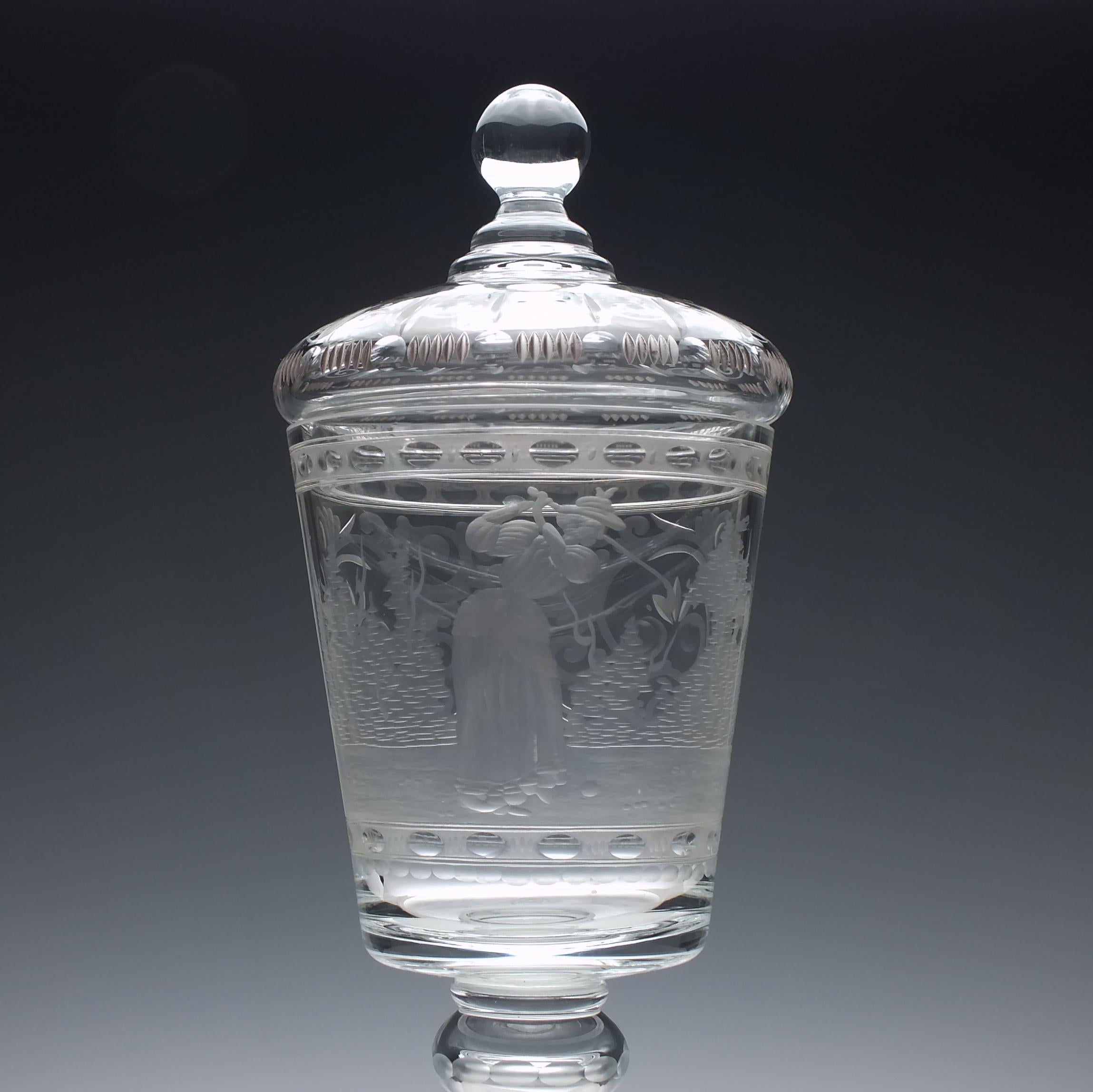 Bohemian Large Golfer Engraved 19th Century Lidded Glass Goblet, circa 1900 For Sale