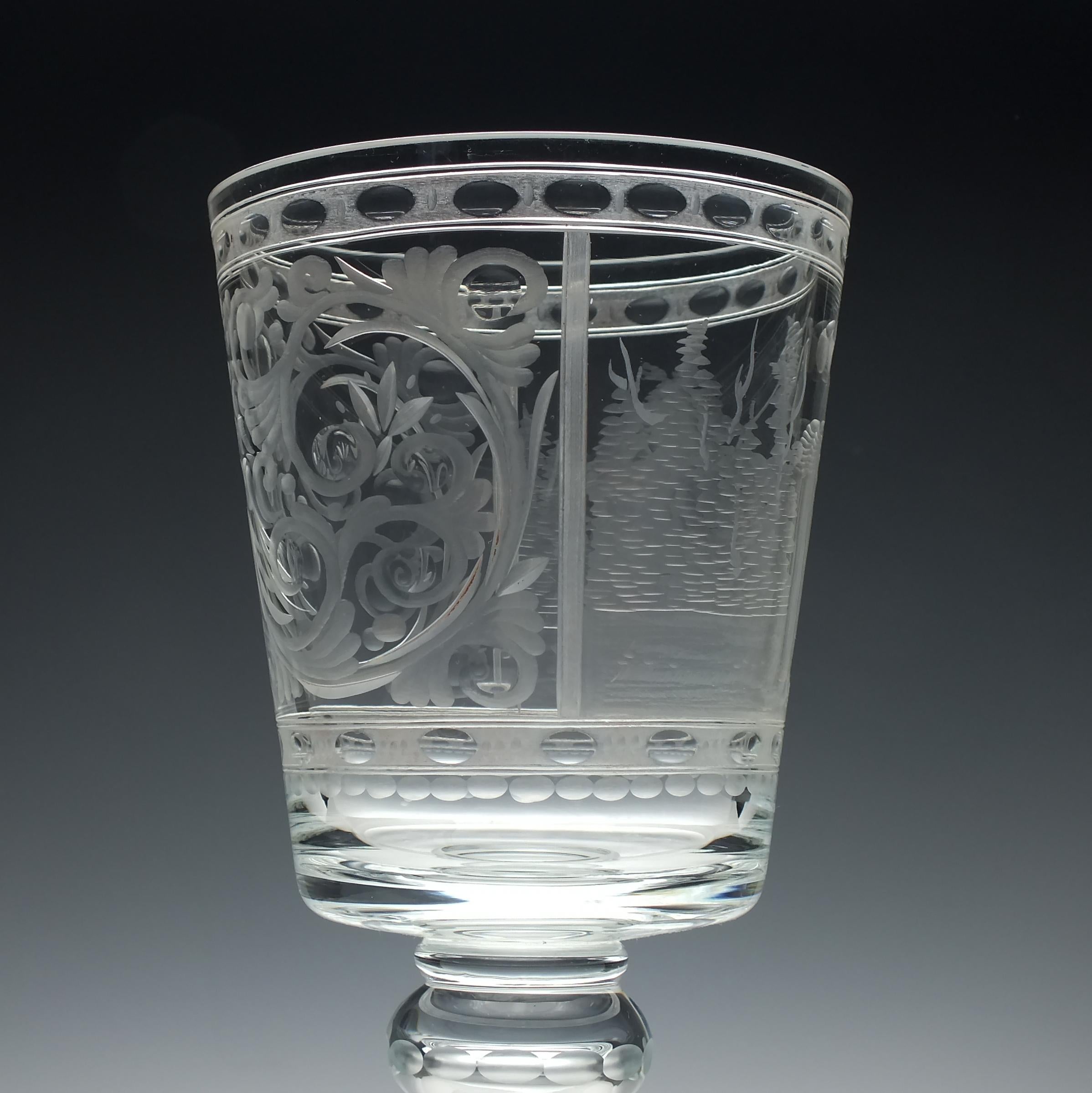 Czech Large Golfer Engraved 19th Century Lidded Glass Goblet, circa 1900 For Sale