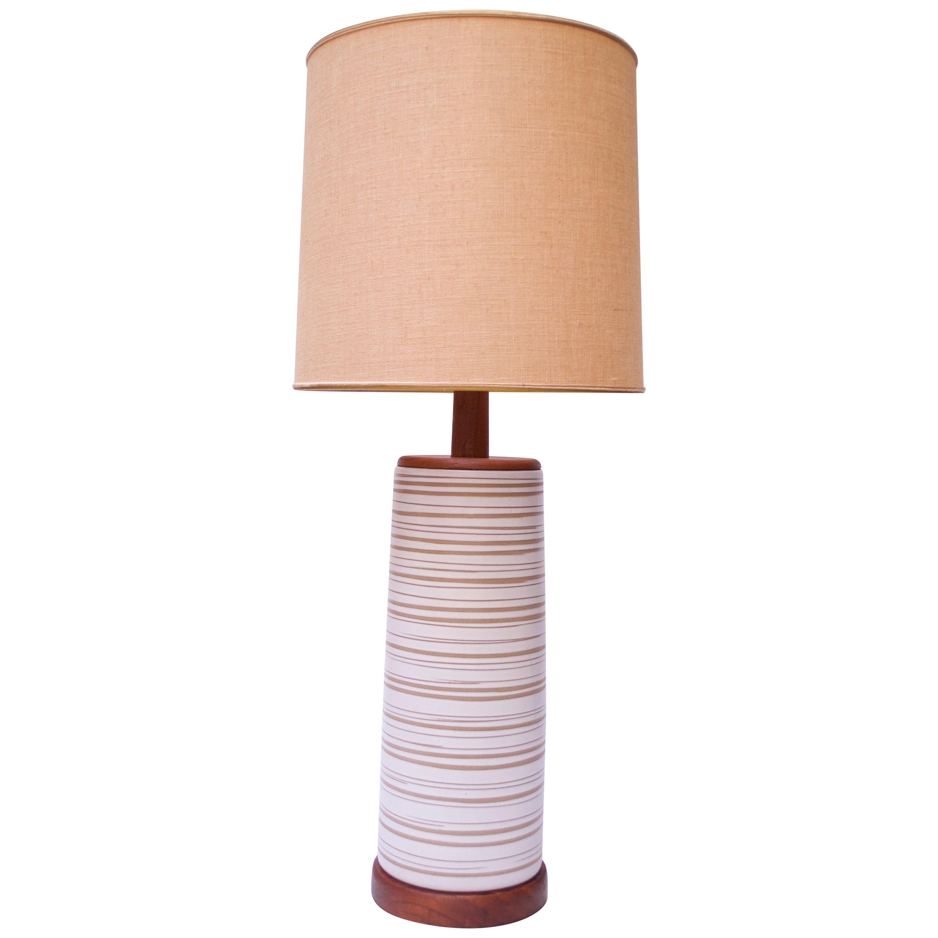 Large Gordon and Jane Martz Walnut and Ceramic Table Lamp with Finial For Sale