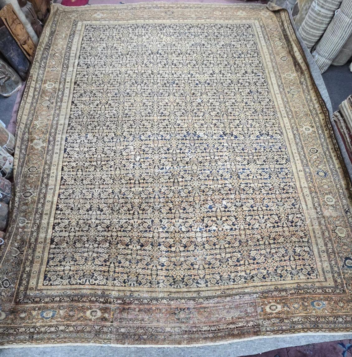 Porta a casa l'eleganza dell'artigianato persiano con questo antico tappeto persiano Fereghan, un pezzo autentico dell'inizio del XX secolo. Questo tappeto in lana annodato a mano misura 12,5 x 15,6 piedi e presenta un grazioso motivo floreale