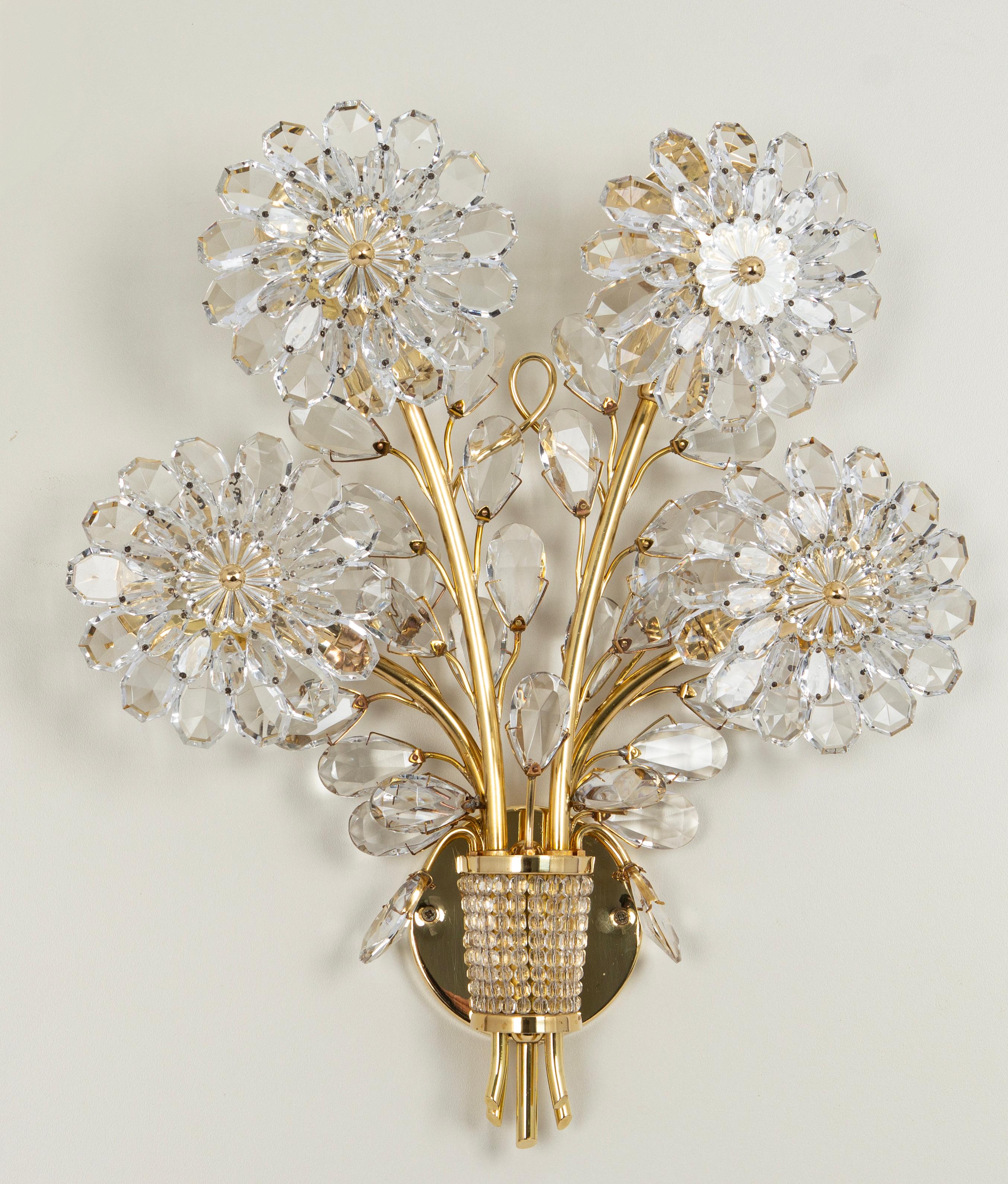 Grande applique à fleurs en verre doré et cristal Bagues, Palwa, 1970 Bon état - En vente à Aachen, NRW