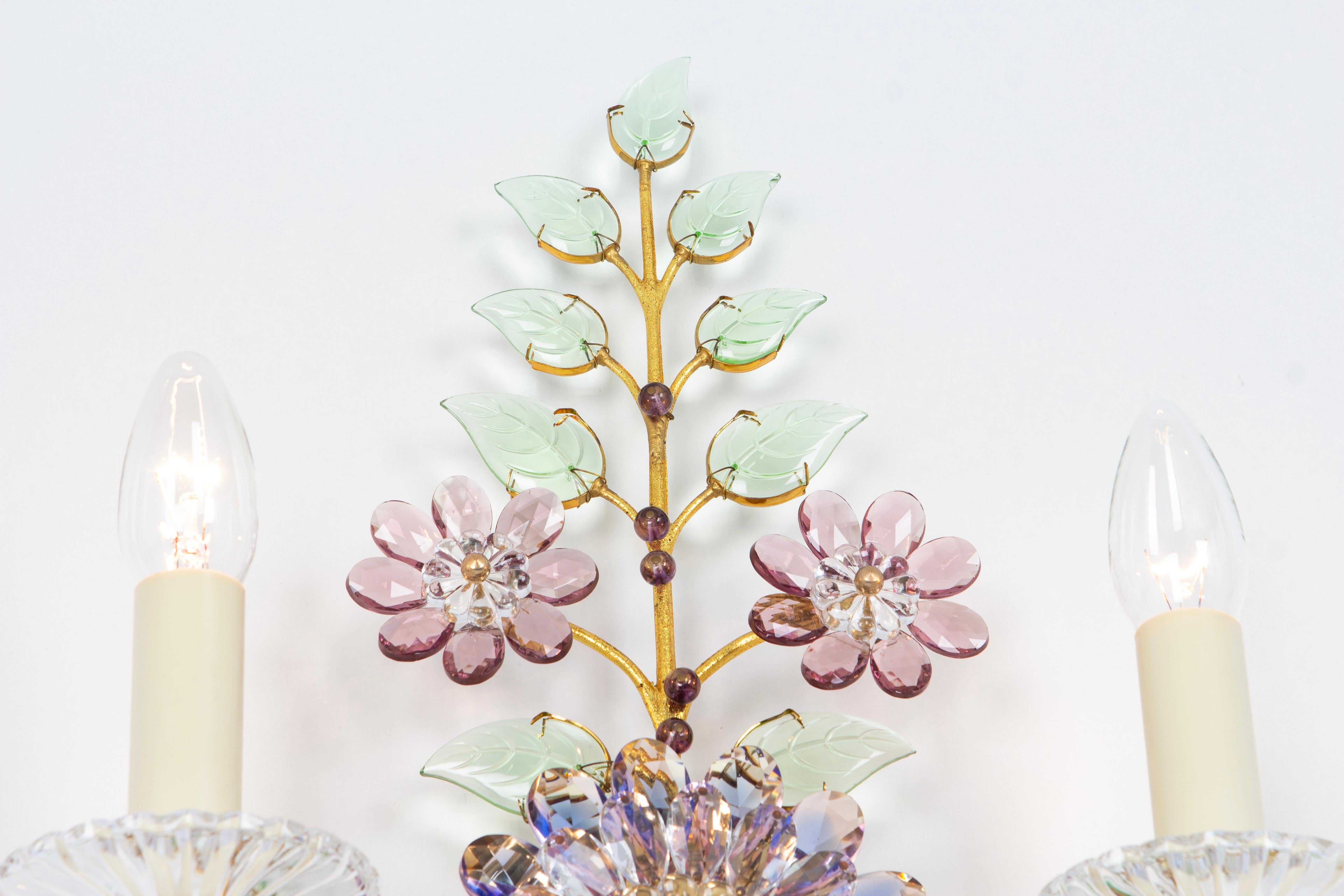 Large Gorgeous Flower Sconces Gilt Faceted Crystal Glass Bagues, Palwa, 1970s For Sale 3