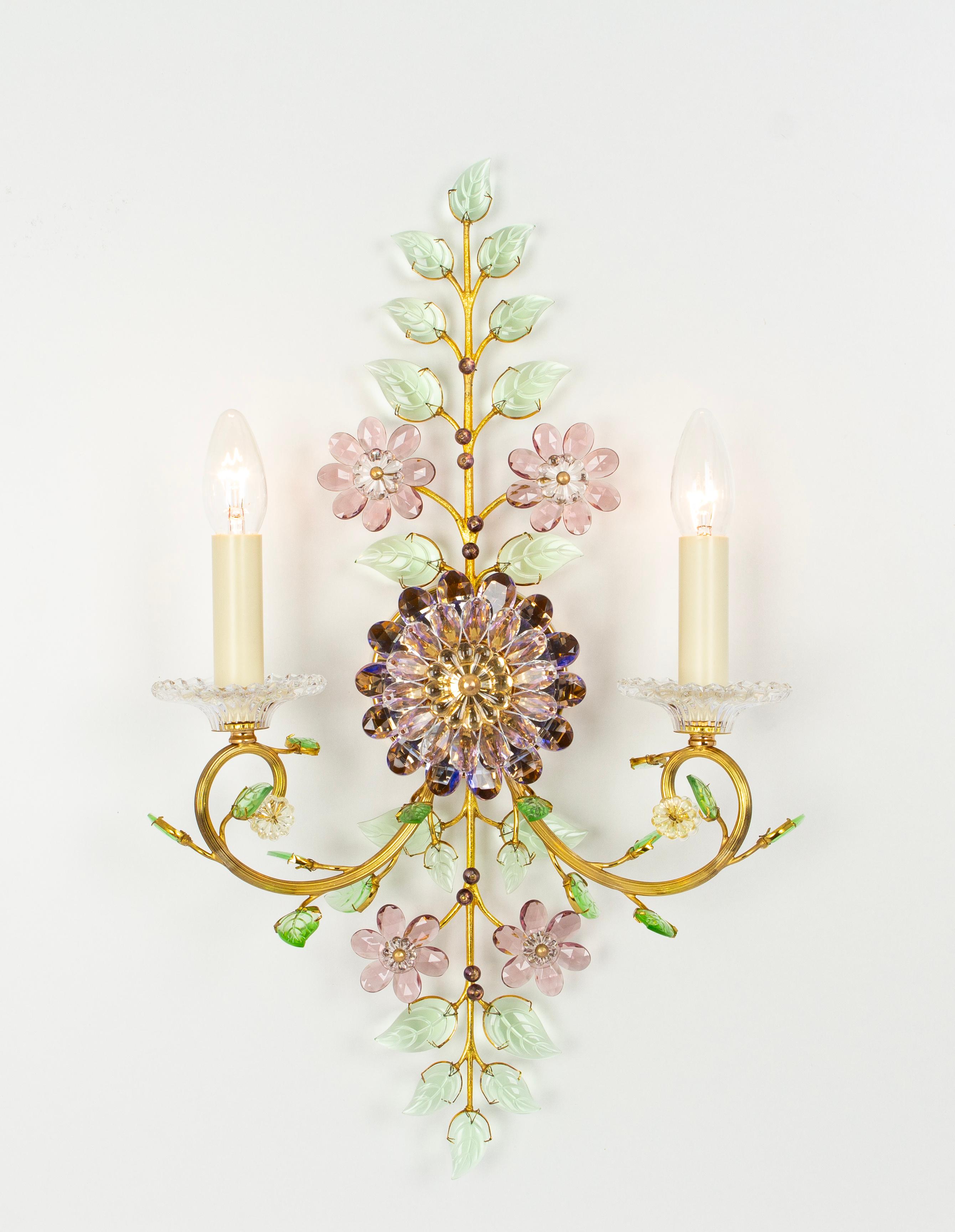 Mid-Century Modern Large Gorgeous Flower Sconces Gilt Faceted Crystal Glass Bagues, Palwa, 1970s For Sale