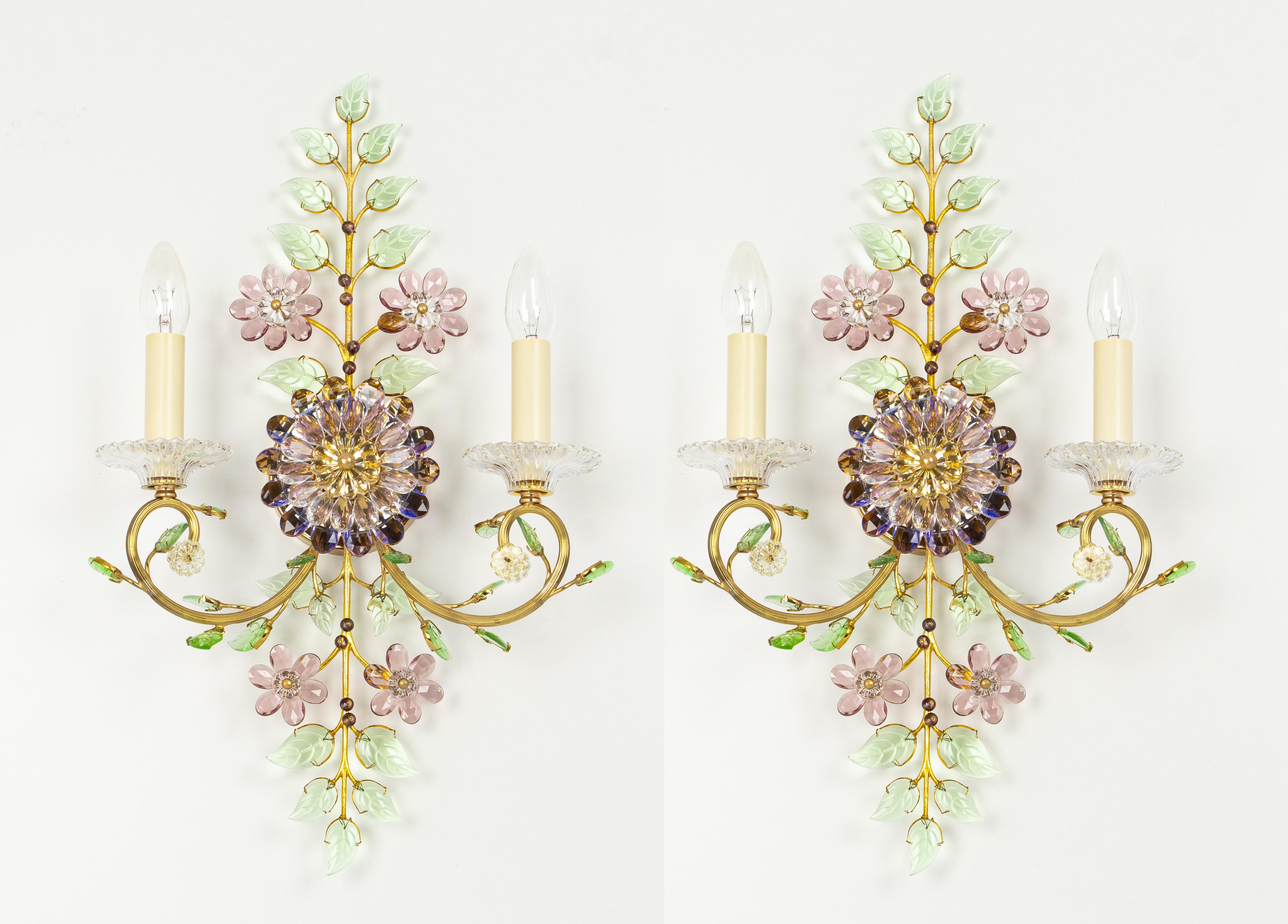German Large Gorgeous Flower Sconces Gilt Faceted Crystal Glass Bagues, Palwa, 1970s For Sale