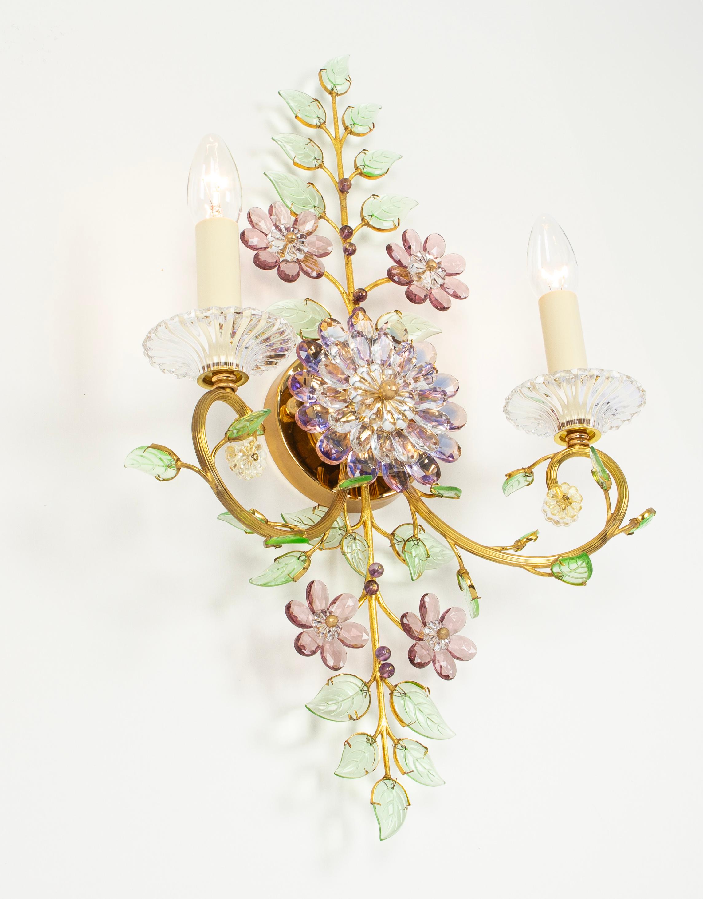 Large Gorgeous Flower Sconces Gilt Faceted Crystal Glass Bagues, Palwa, 1970s In Good Condition For Sale In Aachen, NRW