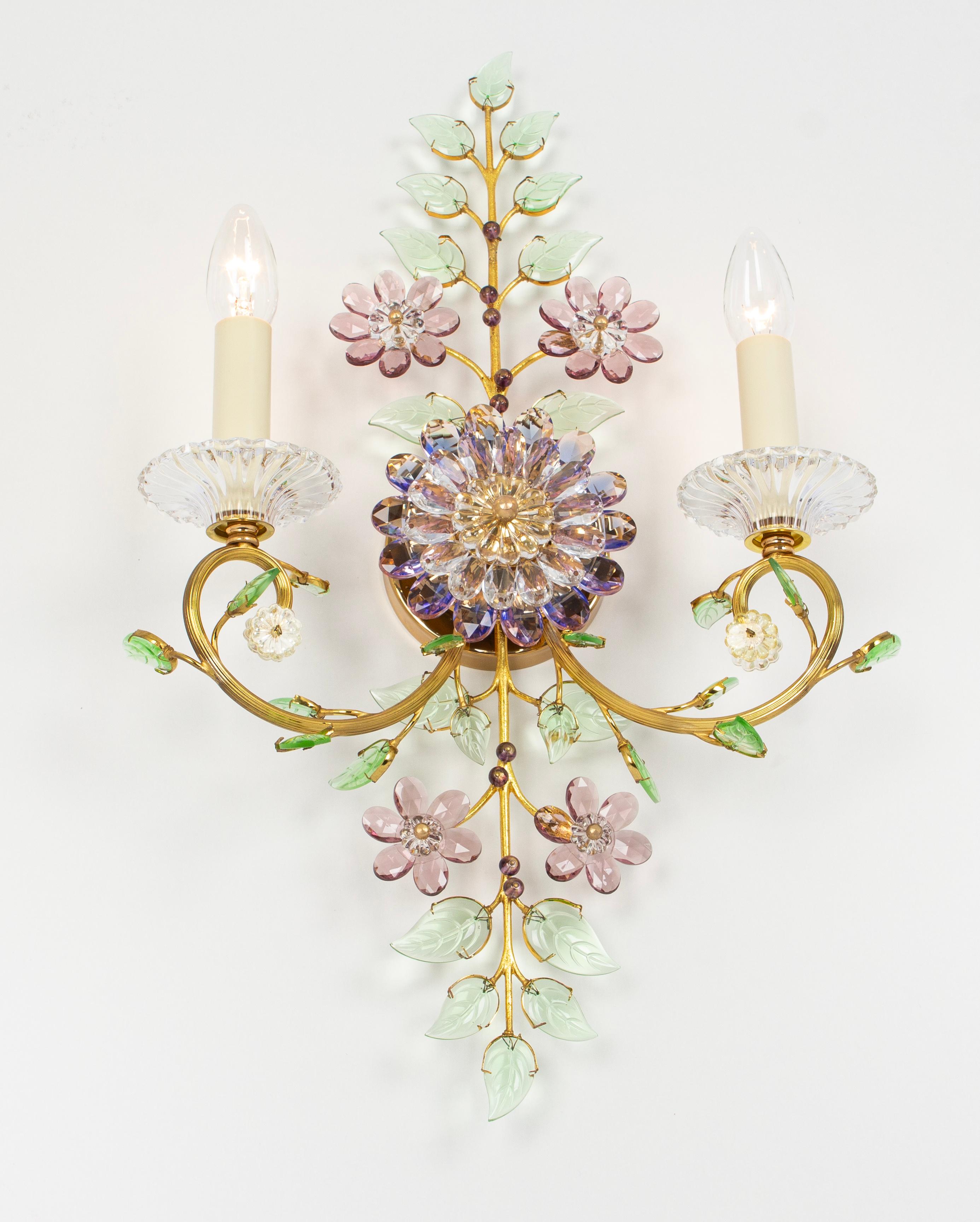 Late 20th Century Large Gorgeous Flower Sconces Gilt Faceted Crystal Glass Bagues, Palwa, 1970s For Sale