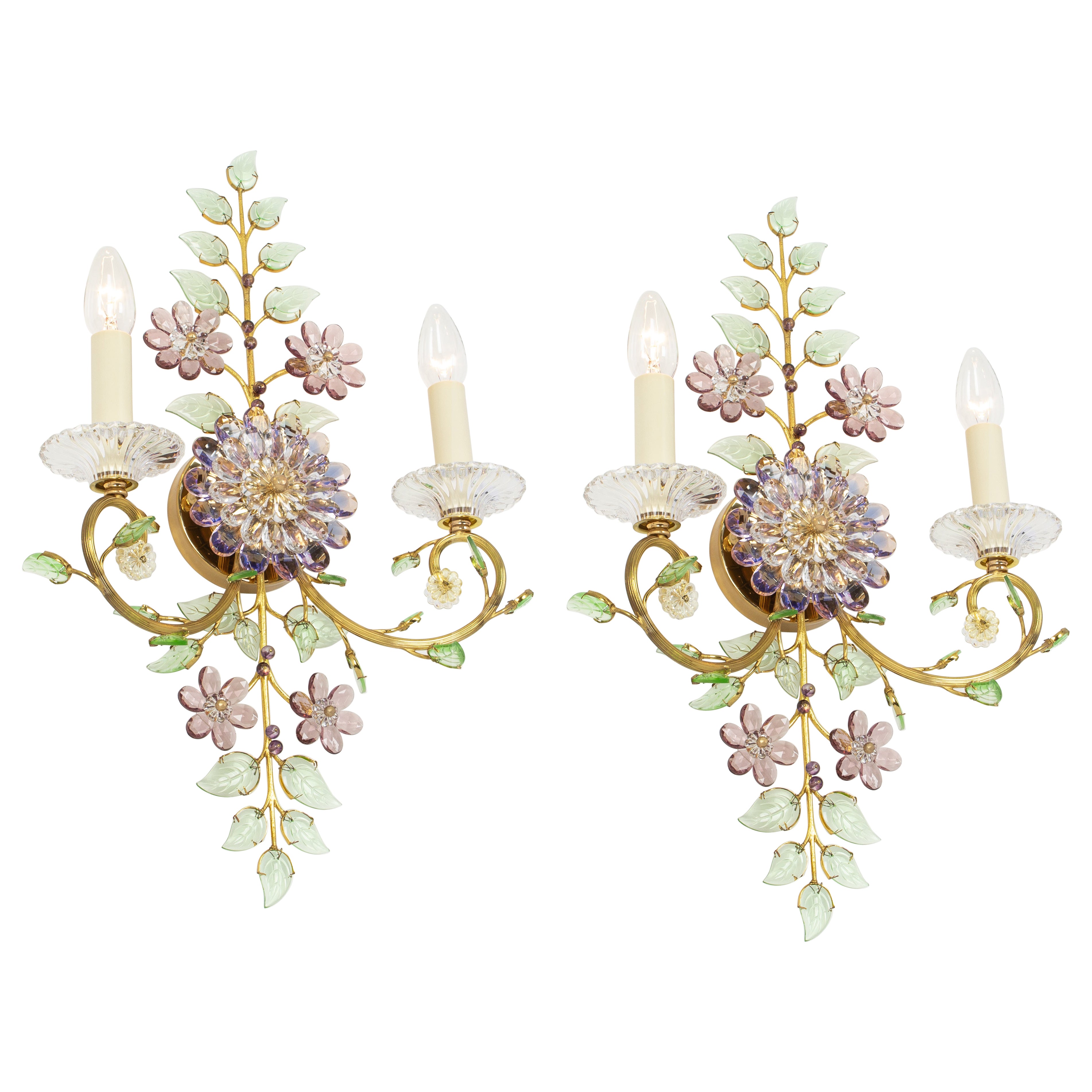 Grandes y preciosos candelabros de flores de cristal dorado facetado Bagues, Palwa, años 70