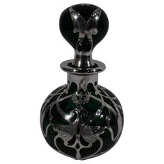 Large Gorham Art Nouveau Green Glass Perfume with Silver Overlay