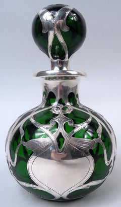 Large Gorham Art Nouveau Green Silver Overlay Cologne