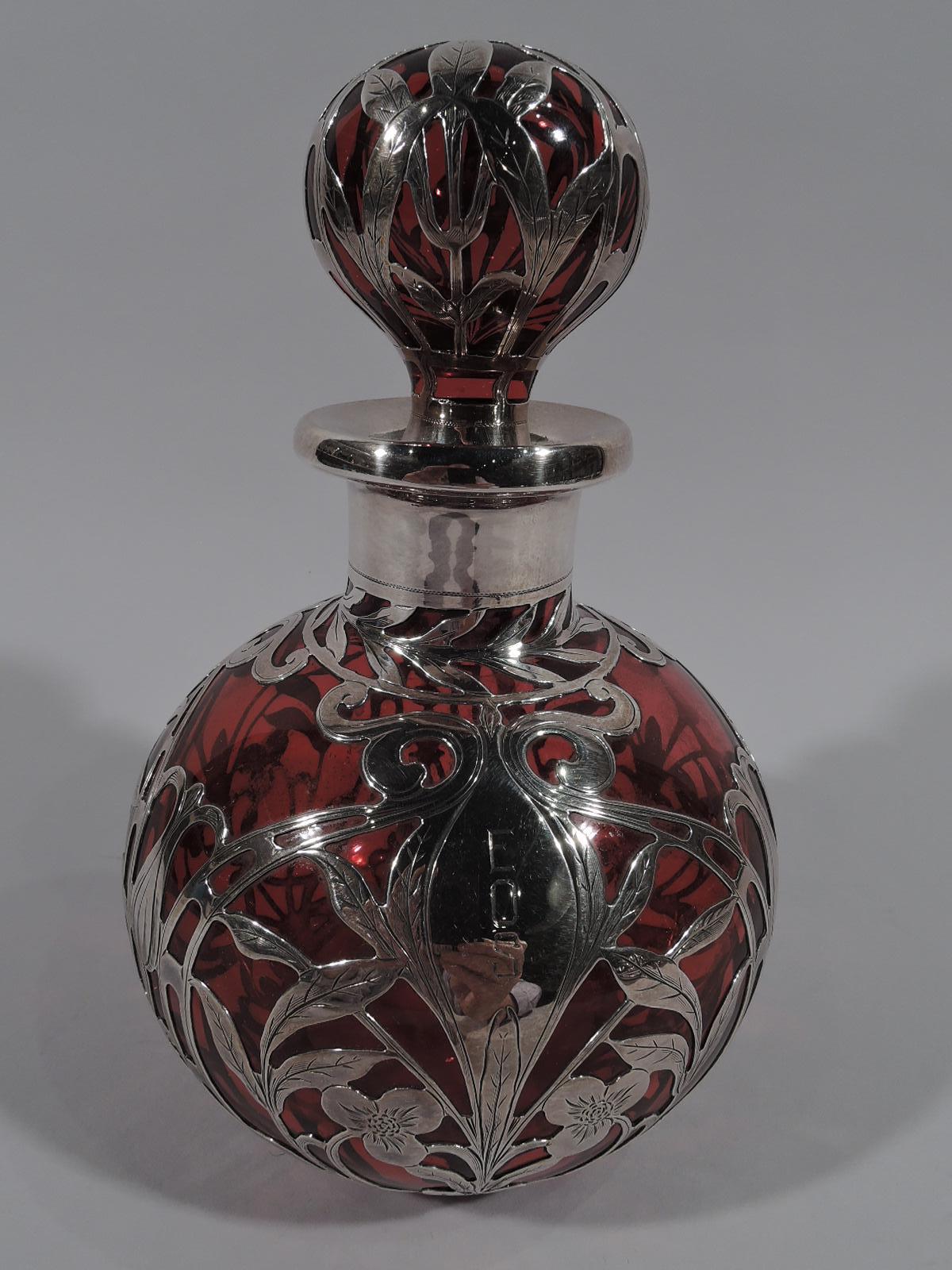 American Large Gorham Art Nouveau Red Glass Silver Overlay Perfume