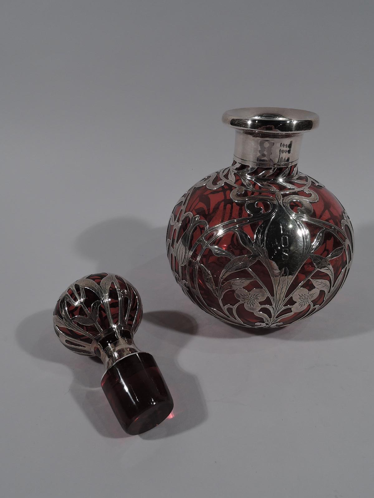 Large Gorham Art Nouveau Red Glass Silver Overlay Perfume In Excellent Condition In New York, NY
