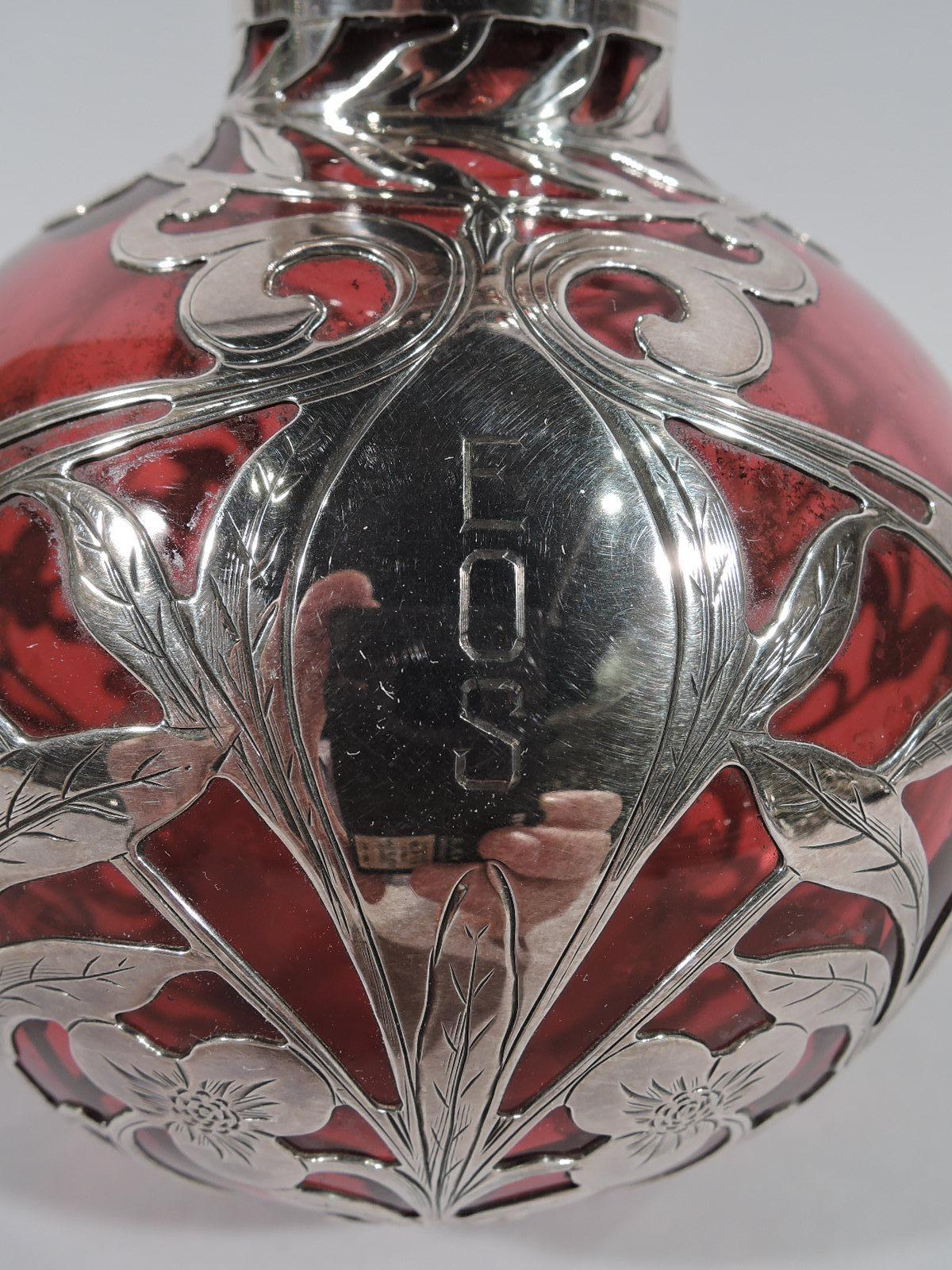 20th Century Large Gorham Art Nouveau Red Glass Silver Overlay Perfume