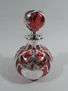 Large Gorham Art Nouveau Red Silver Overlay Cologne Bottle
