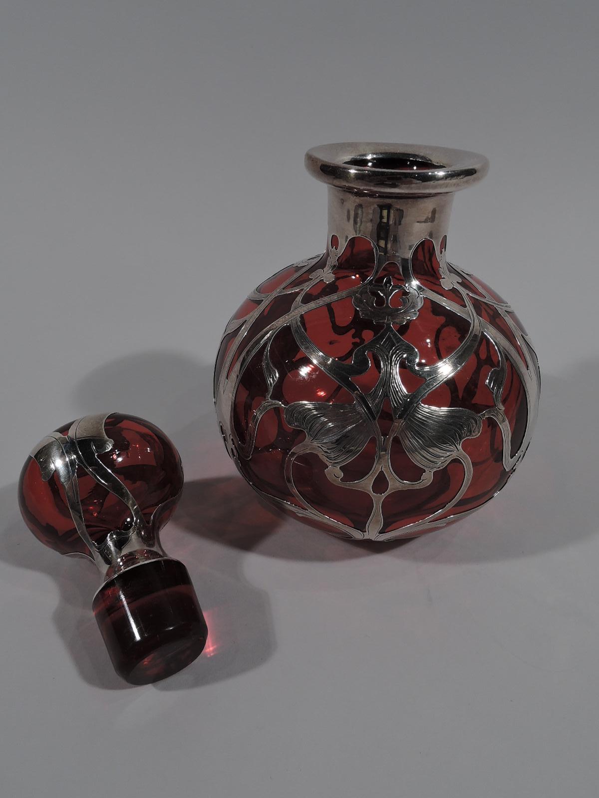American Large Gorham Art Nouveau Red Silver Overlay Cologne Bottle