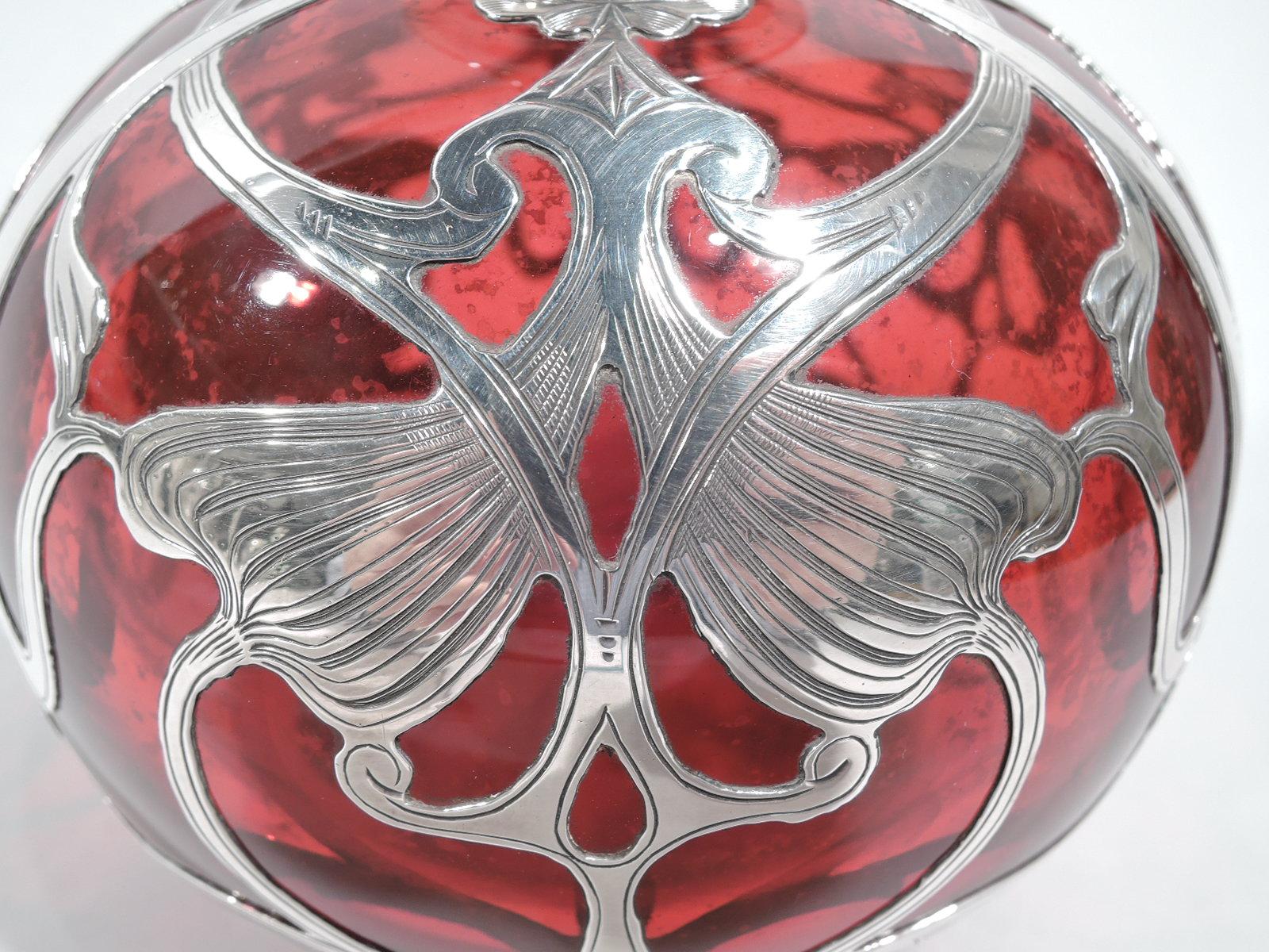 Large Gorham Art Nouveau Red Silver Overlay Cologne Bottle In Excellent Condition In New York, NY