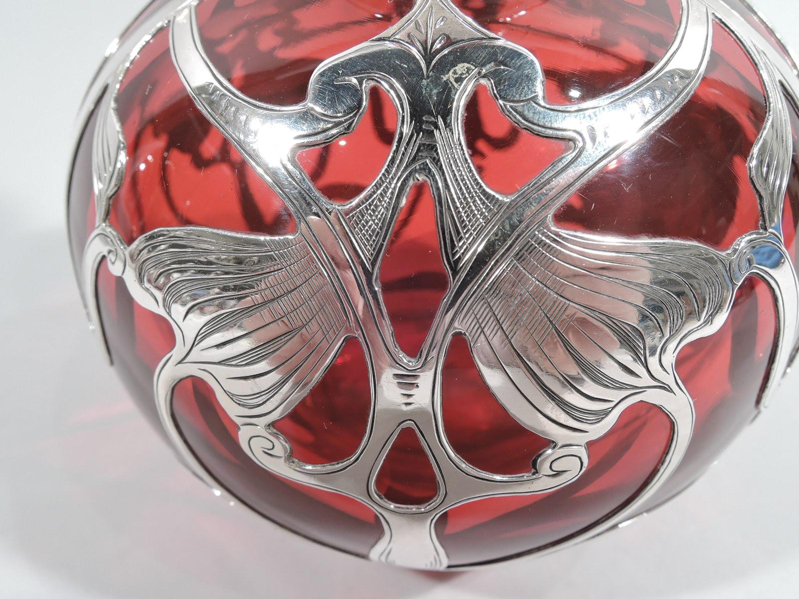 Large Gorham Art Nouveau Red Silver Overlay Cologne Bottle In Excellent Condition In New York, NY