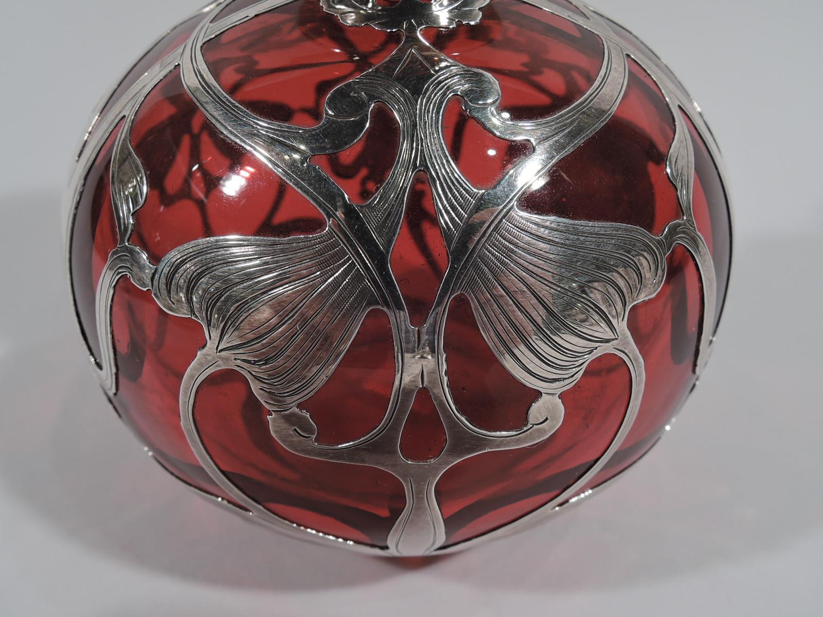 Large Gorham Art Nouveau Red Silver Overlay Cologne Bottle 1