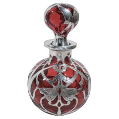 Large Gorham Art Nouveau Red Silver Overlay Cologne Bottle