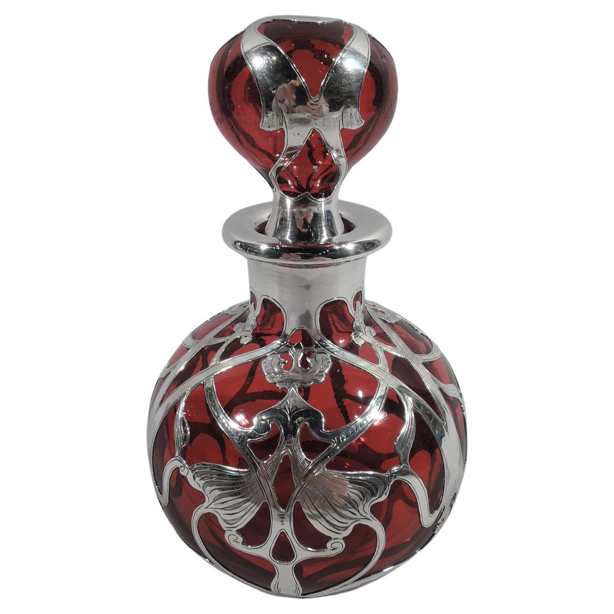 Large Gorham Art Nouveau Red Silver Overlay Cologne Bottle