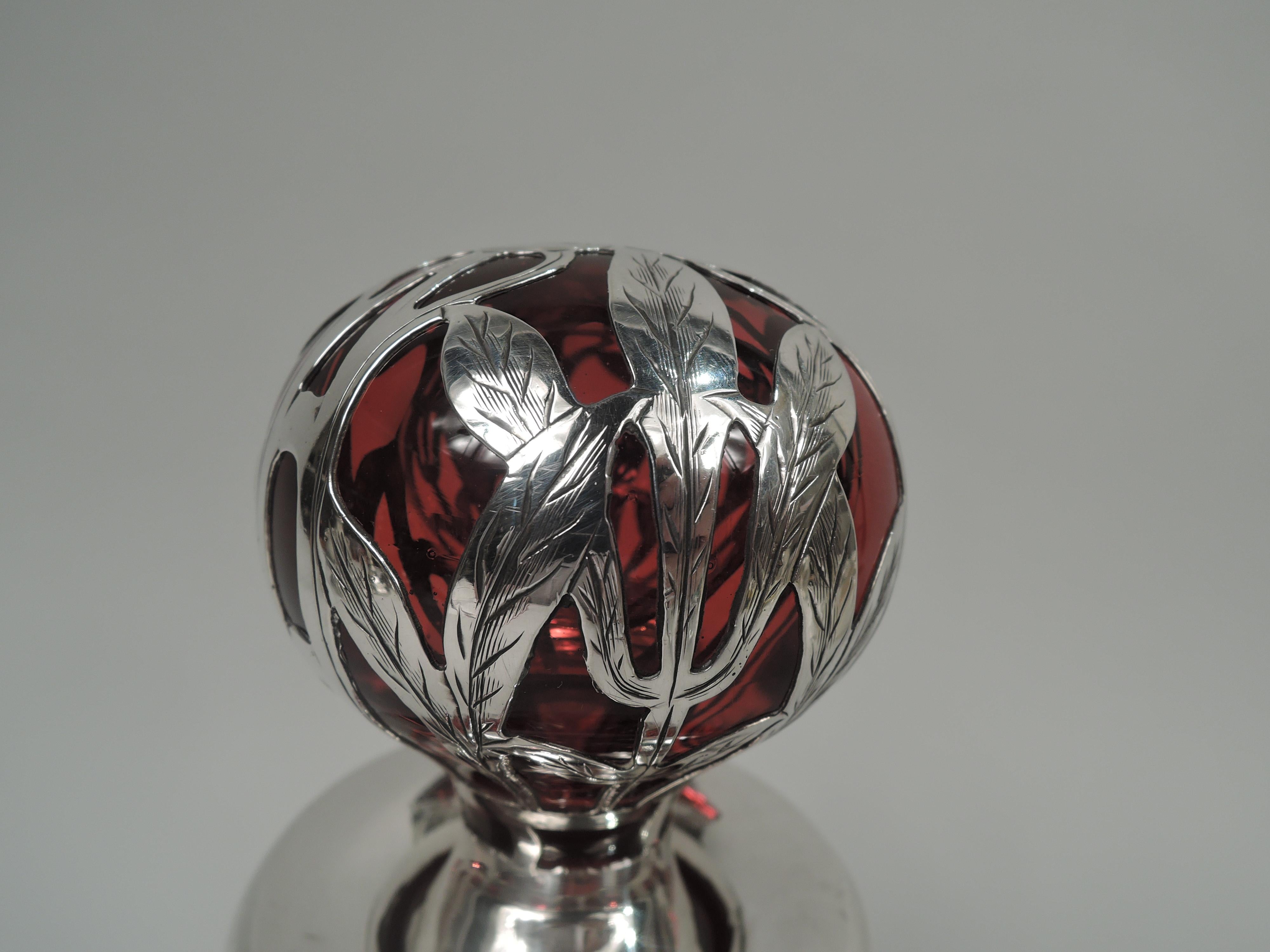 American Large Gorham Art Nouveau Red Silver Overlay Cologne For Sale