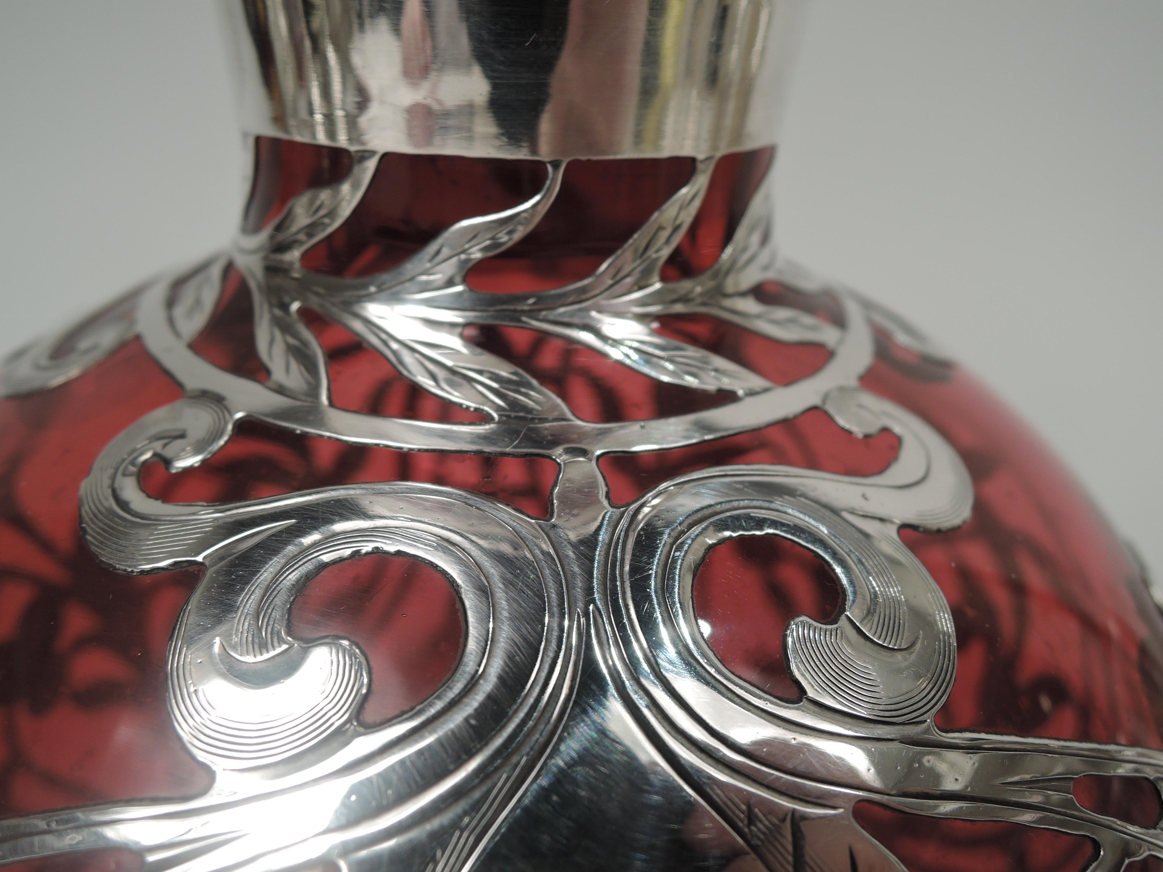 20th Century Large Gorham Art Nouveau Red Silver Overlay Cologne For Sale