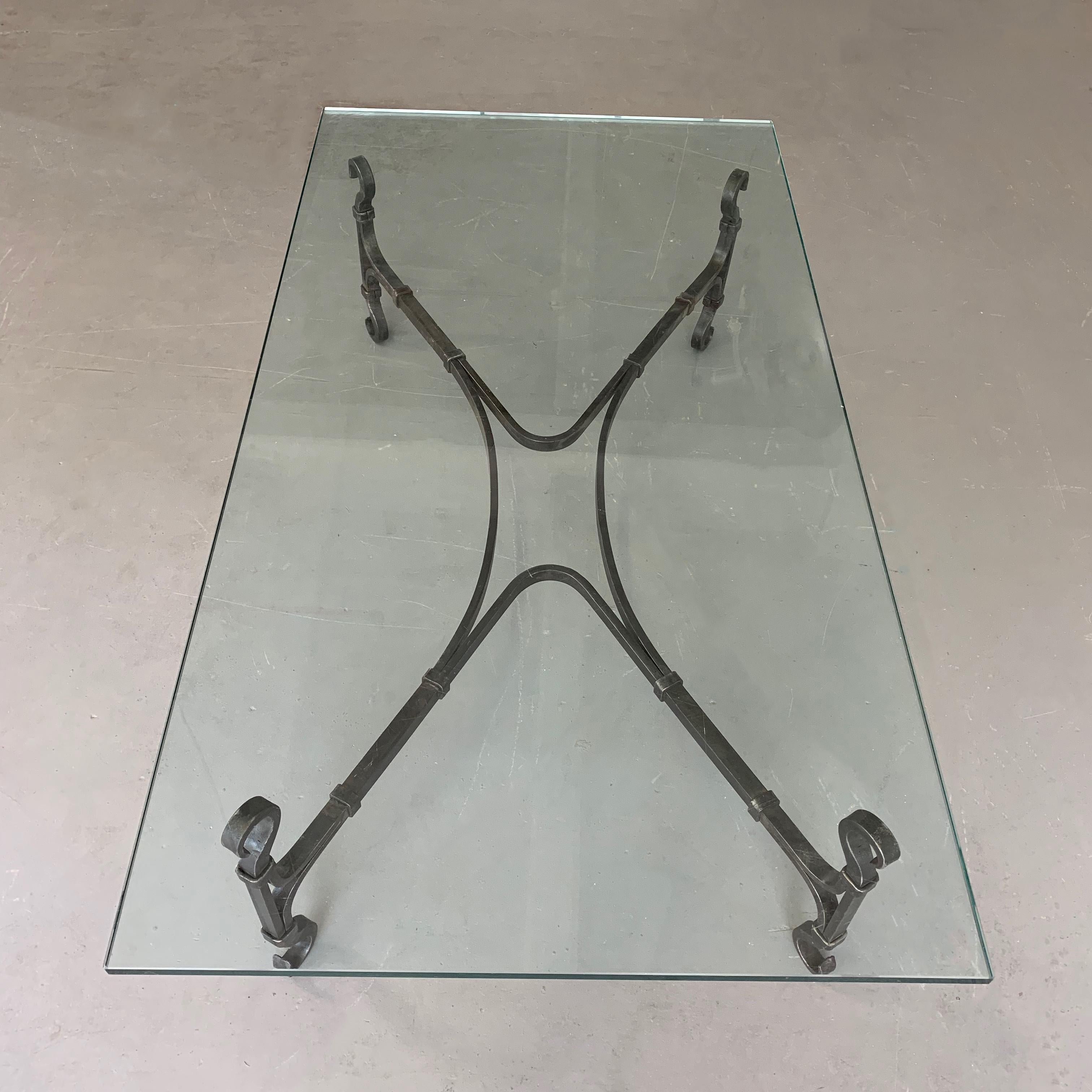 Saint Pierre and Miquelon Large Gothic Artisan Handwrought Iron and Glass Coffee Table For Sale