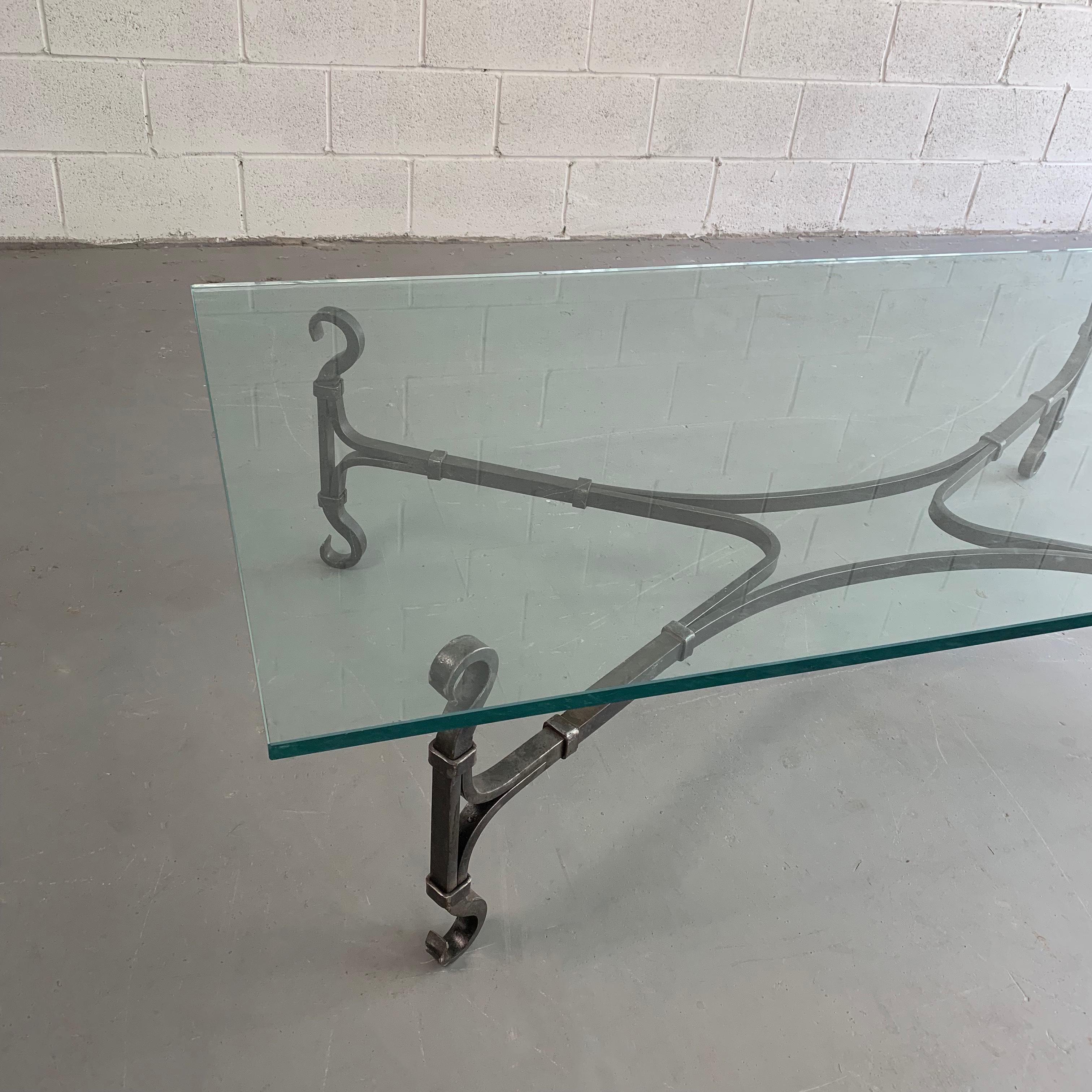 Large Gothic Artisan Handwrought Iron and Glass Coffee Table In Good Condition For Sale In Brooklyn, NY