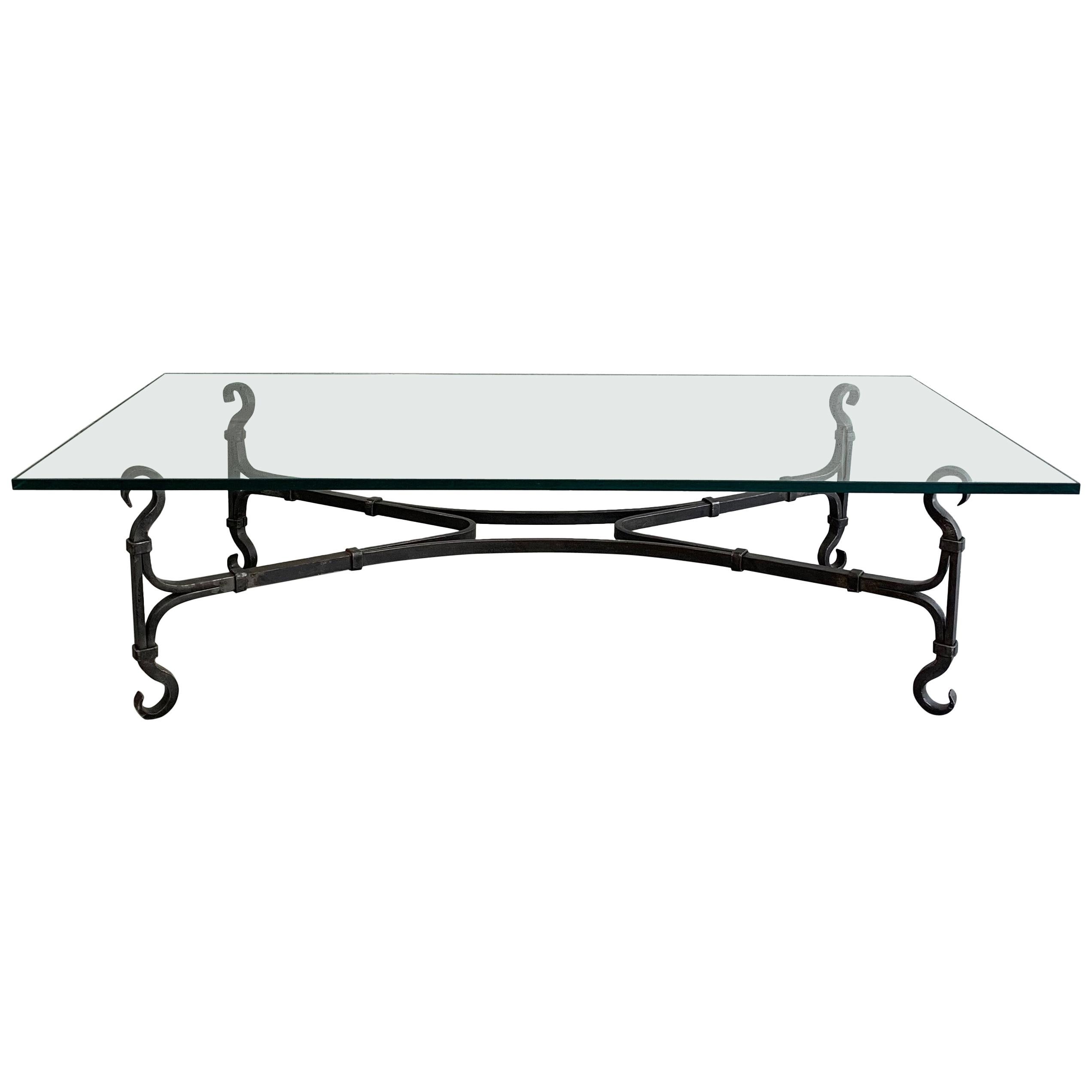 Large Gothic Artisan Handwrought Iron and Glass Coffee Table