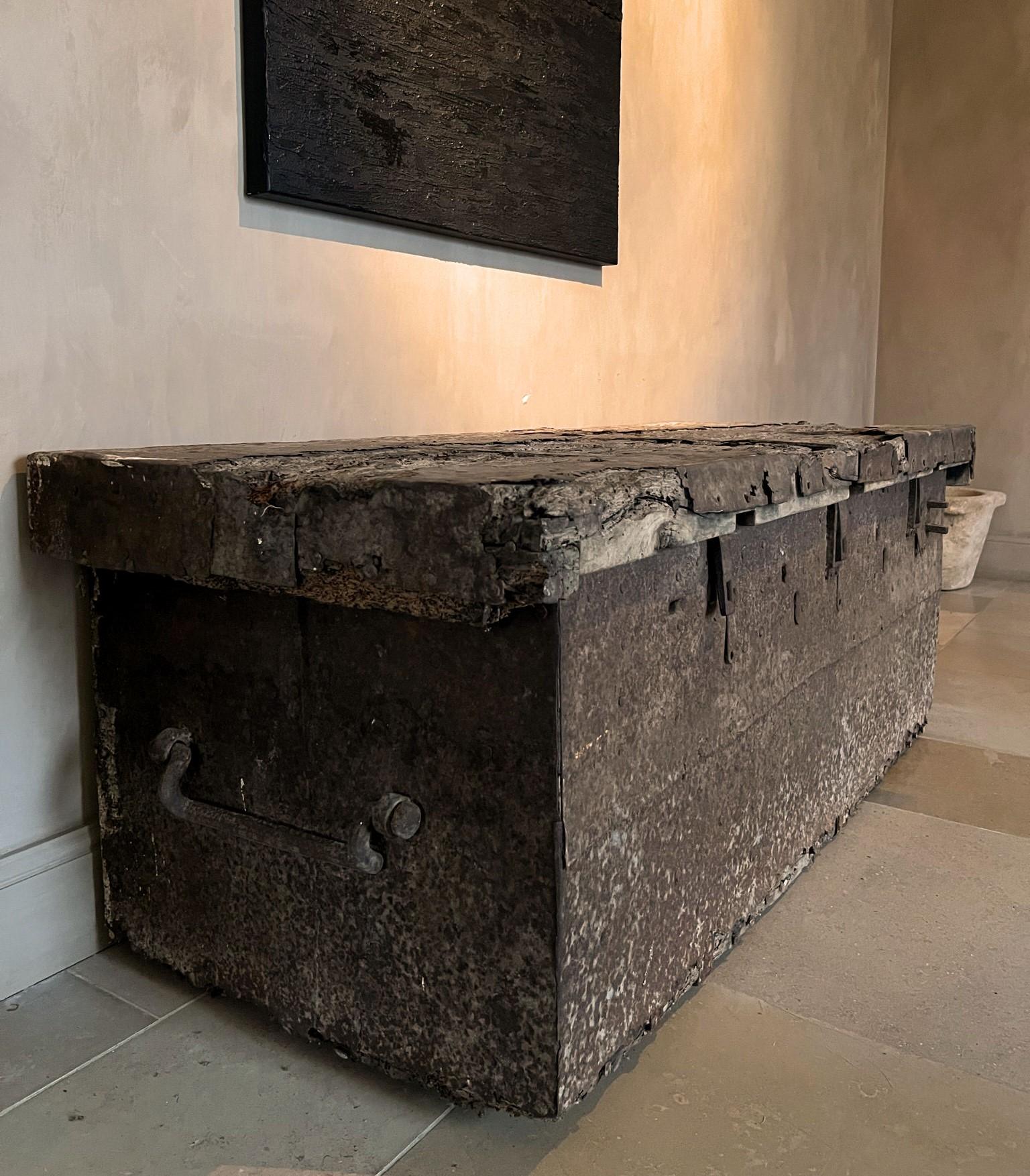 Hand-Crafted Large Gothic chest strongbox For Sale